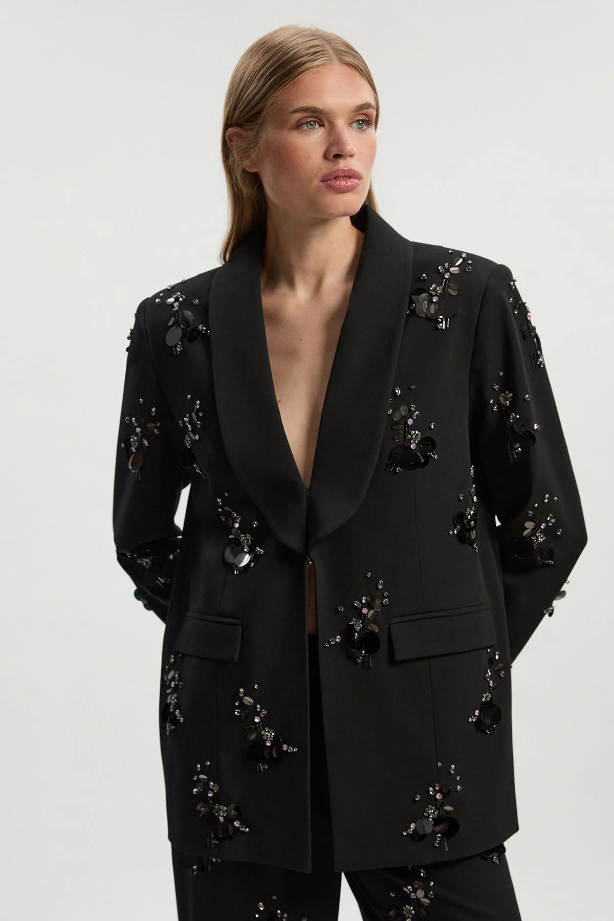 Cluster Sequin & Crystal Embellished Tailored Single Breast Blazer - 1
