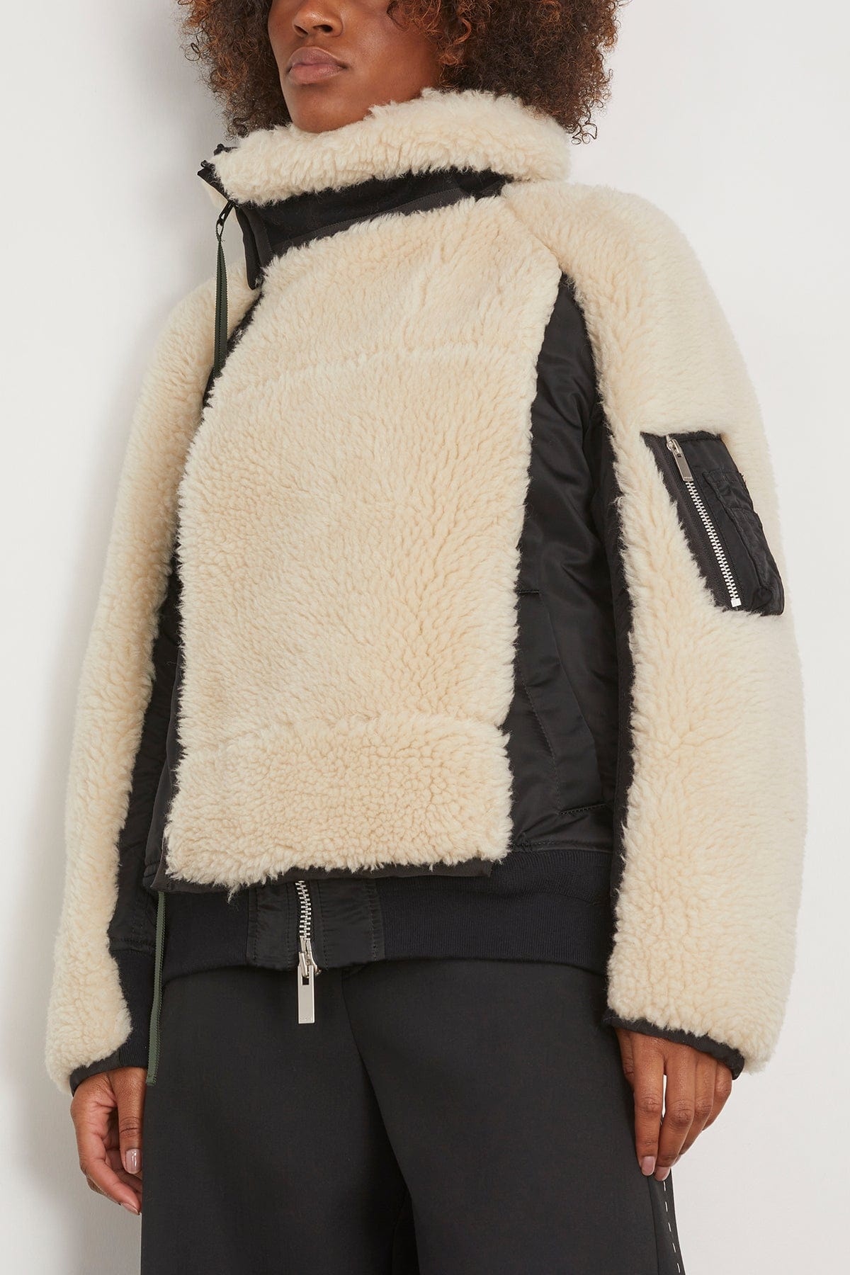 sacai Faux Shearling x Nylon Twill Blouson in Black/Ecru