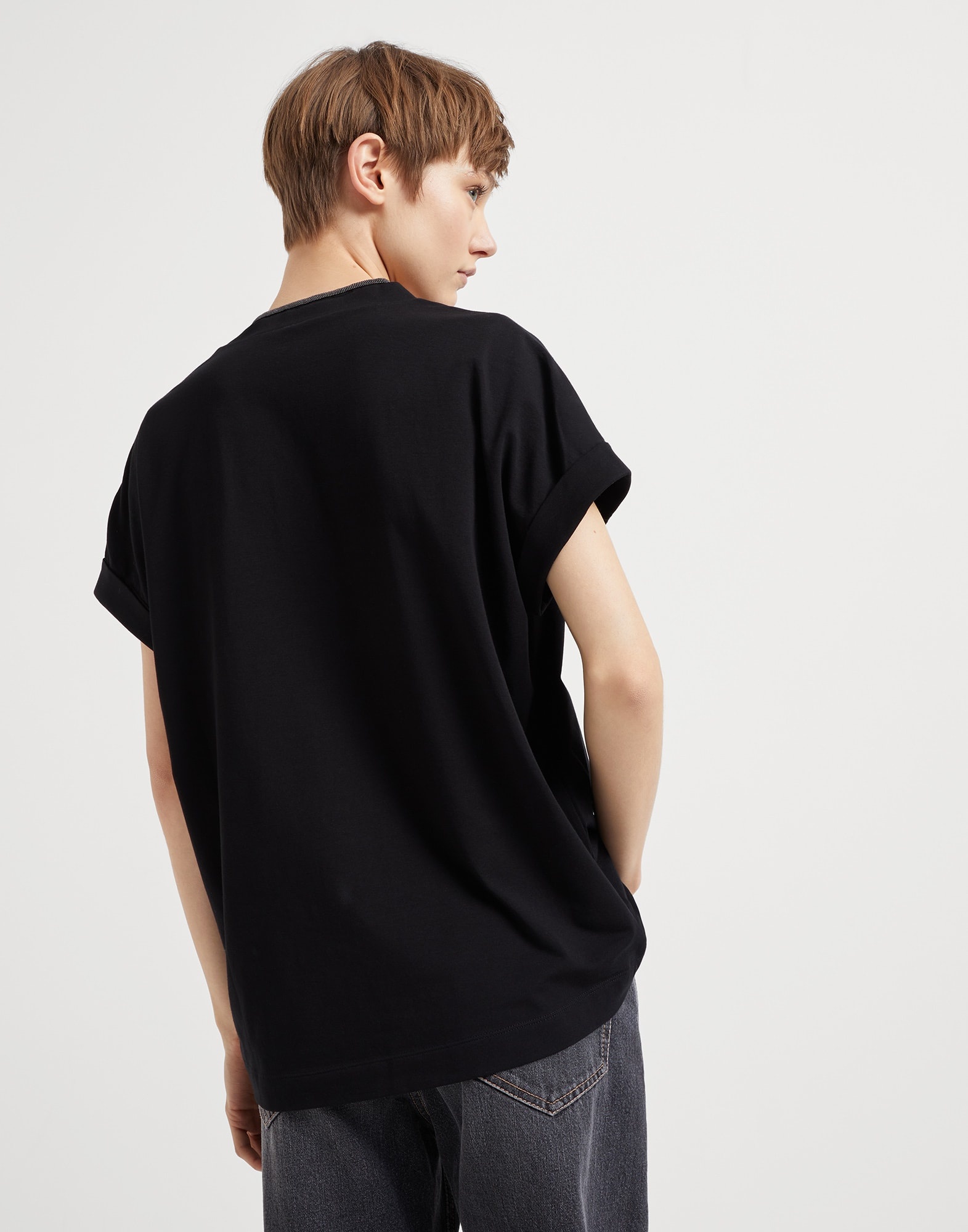 Stretch cotton jersey T-shirt with precious neckline - 2