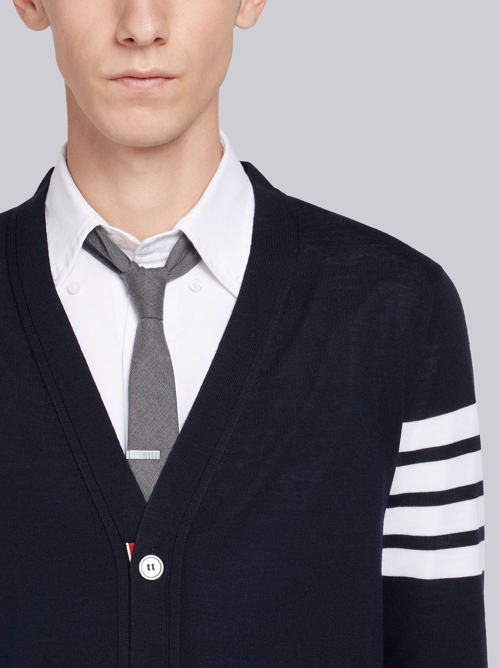 Navy Merino Wool Knit 4-Bar Classic V-Neck Cardigan - 5