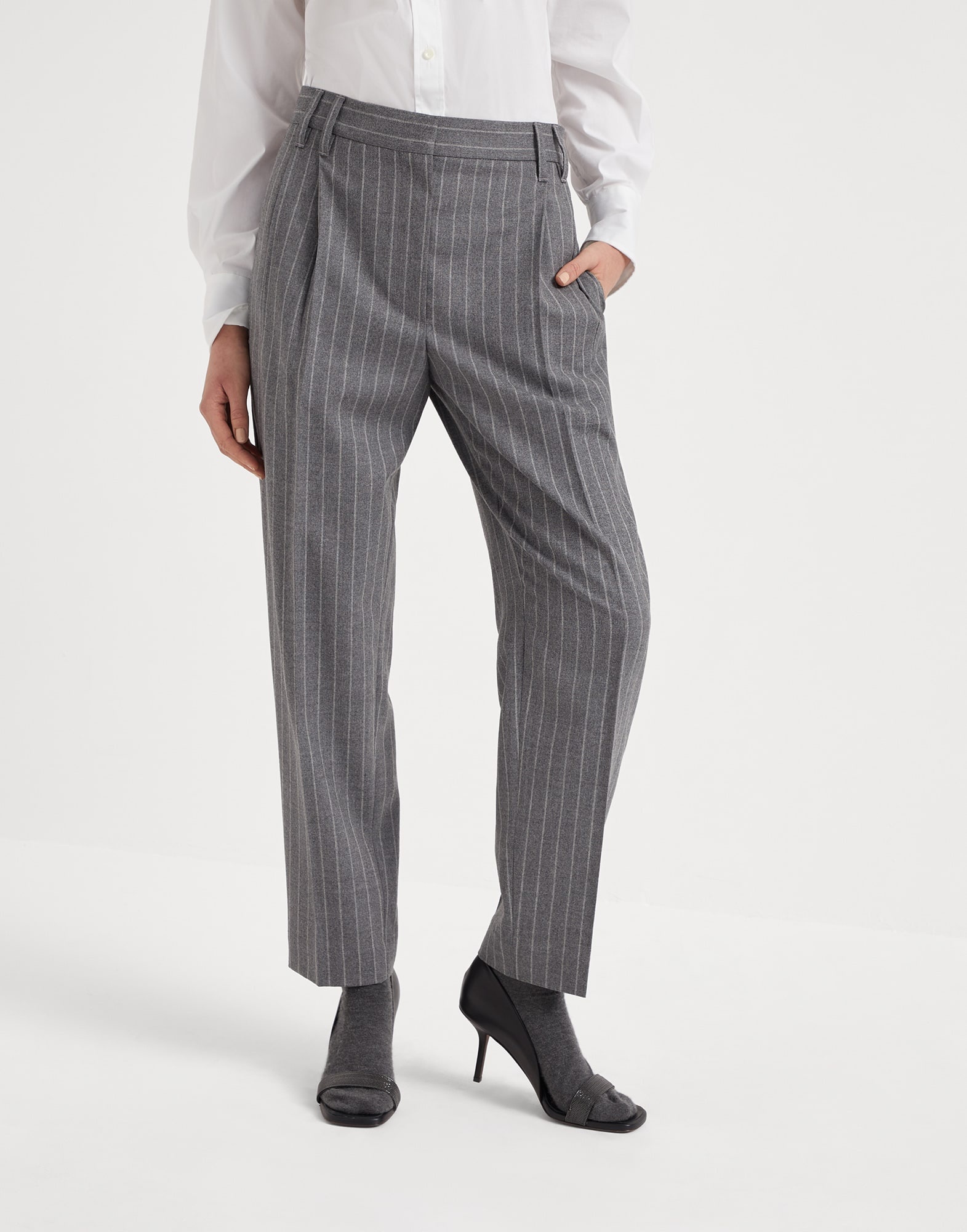 Virgin wool mouliné chalk stripe slouchy trousers with monili - 1