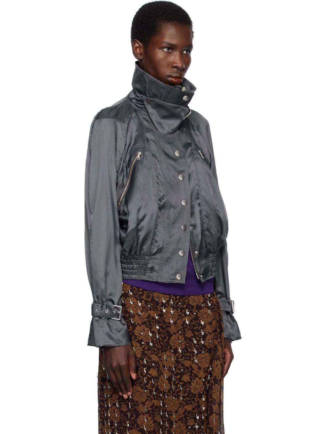 Gray Satin Bomber Jacket - 2