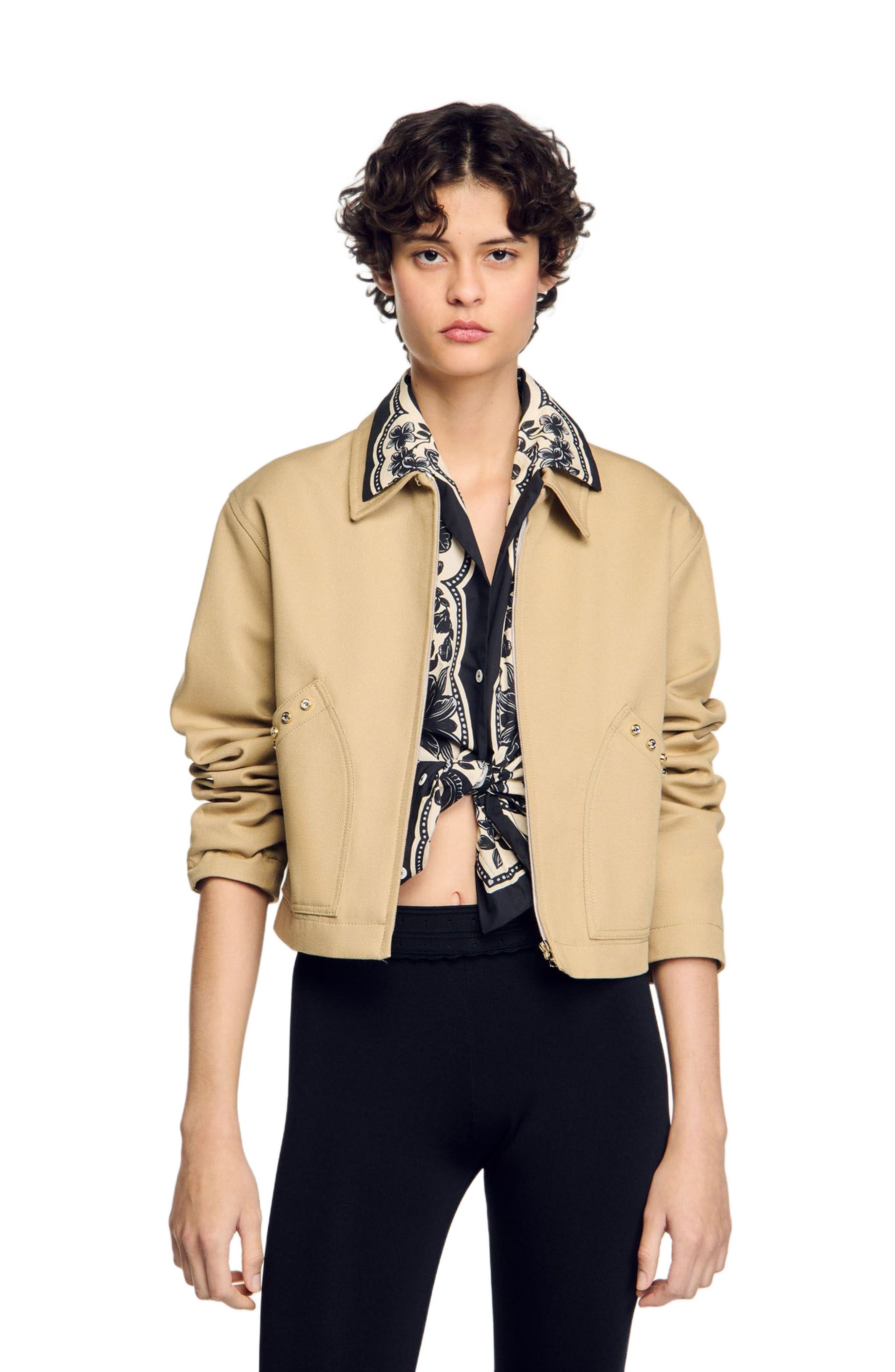 SANDRO Short jacket with rhinestone details in Beige at Nordstrom - 3