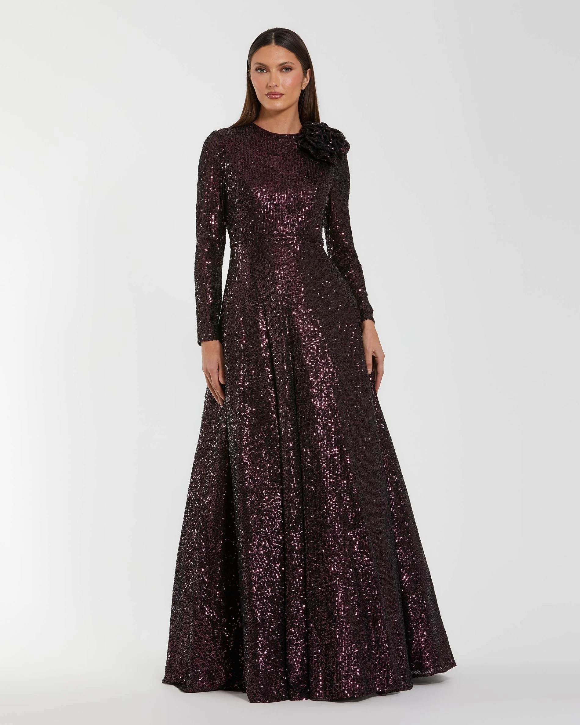 Amethyst Long Sleeve Sequin Ball Gown With 3D Flower - 1