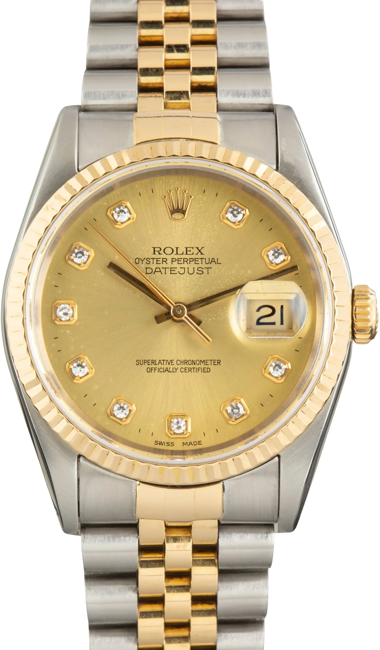 189284 Used Rolex Datejust 36 Two Tone Ref 16233 Champagne Diamond Dial - 1