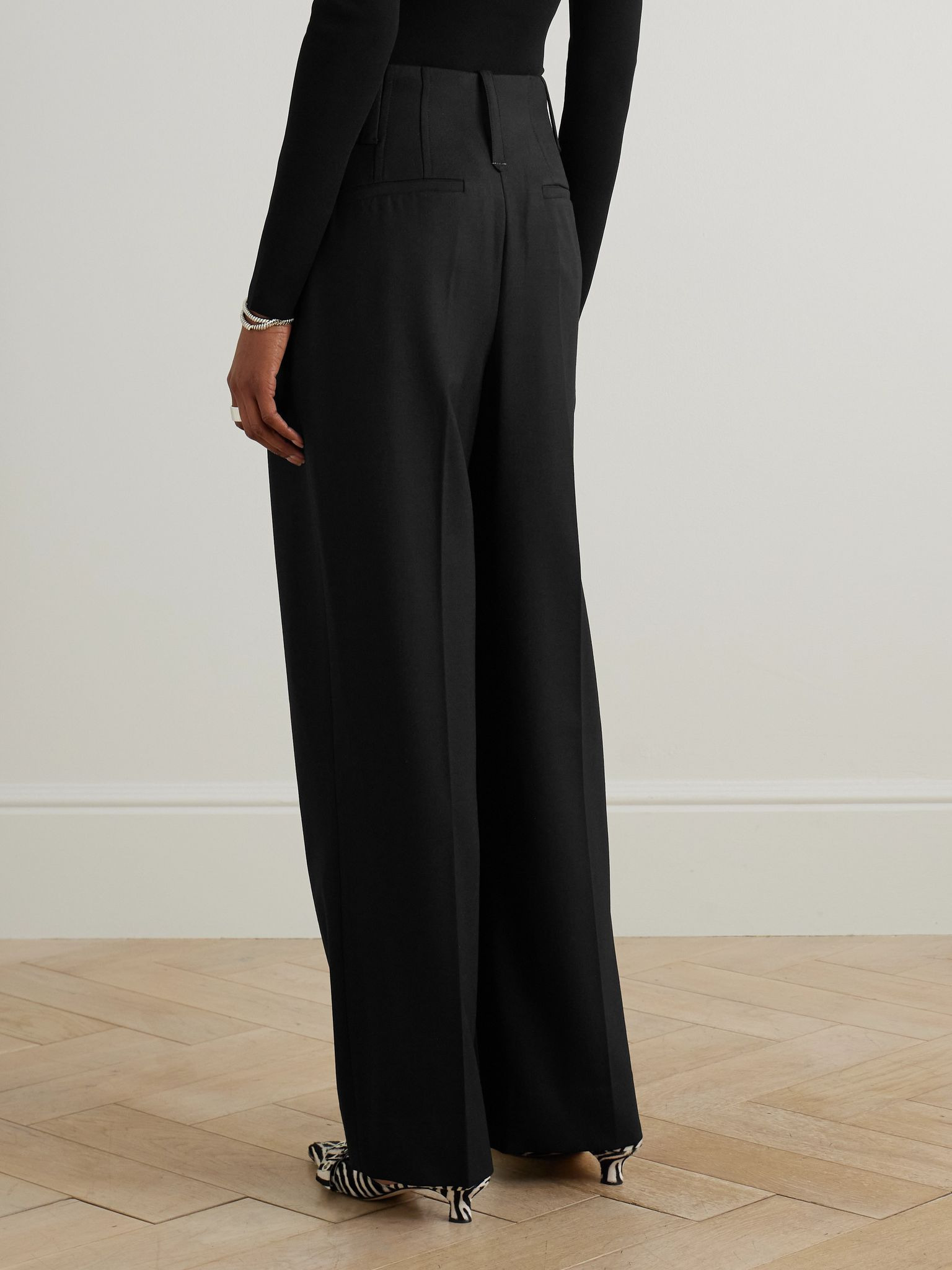 Cinch pleated twill wide-leg pants Black - 4