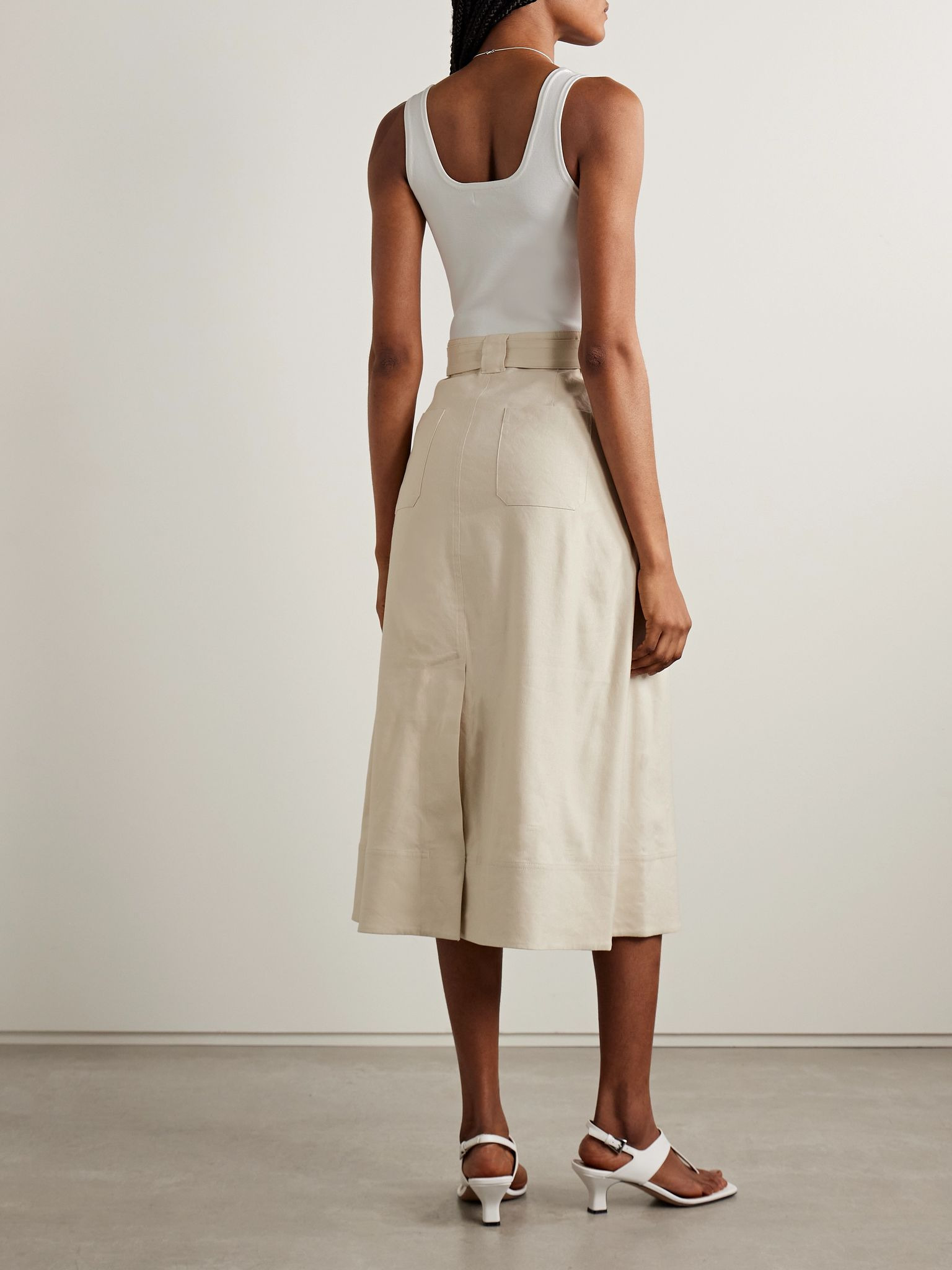 Camden belted linen-blend and stretch-knit midi dress Beige - 3