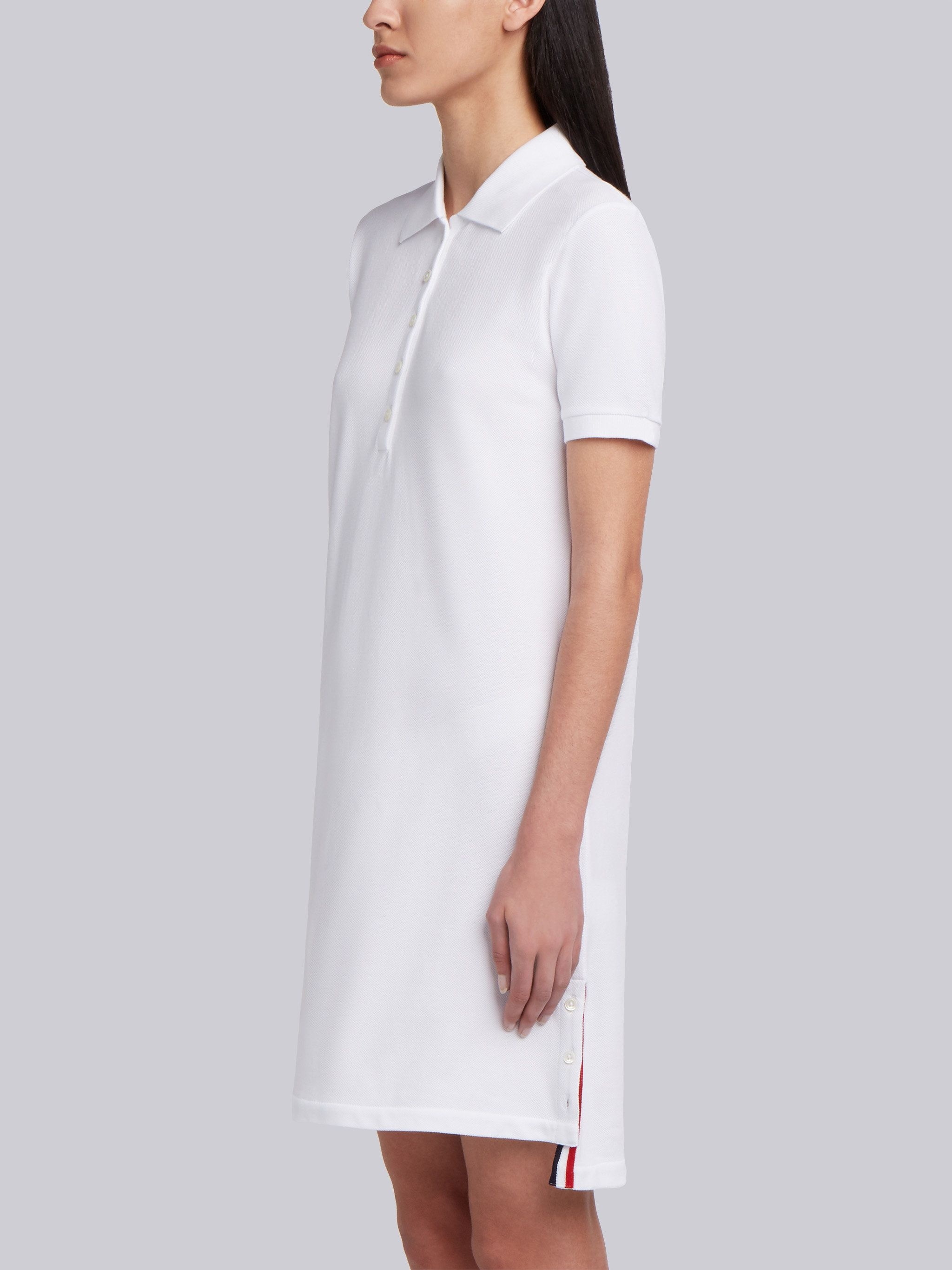 White Classic Cotton Pique Center Back Stripe A-line Short Sleeve Polo Shirtdress - 3