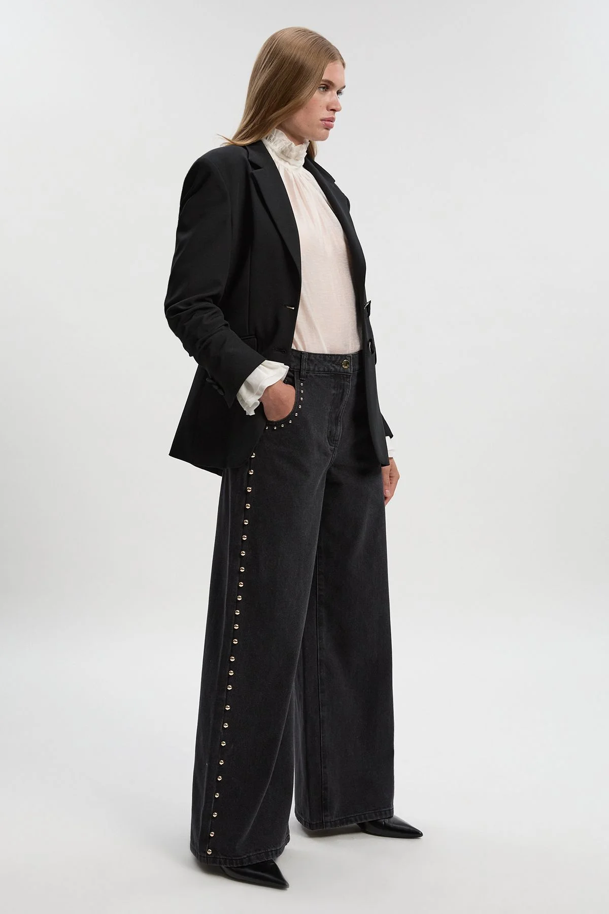 Denim Studded Wide Leg Trouser - 1