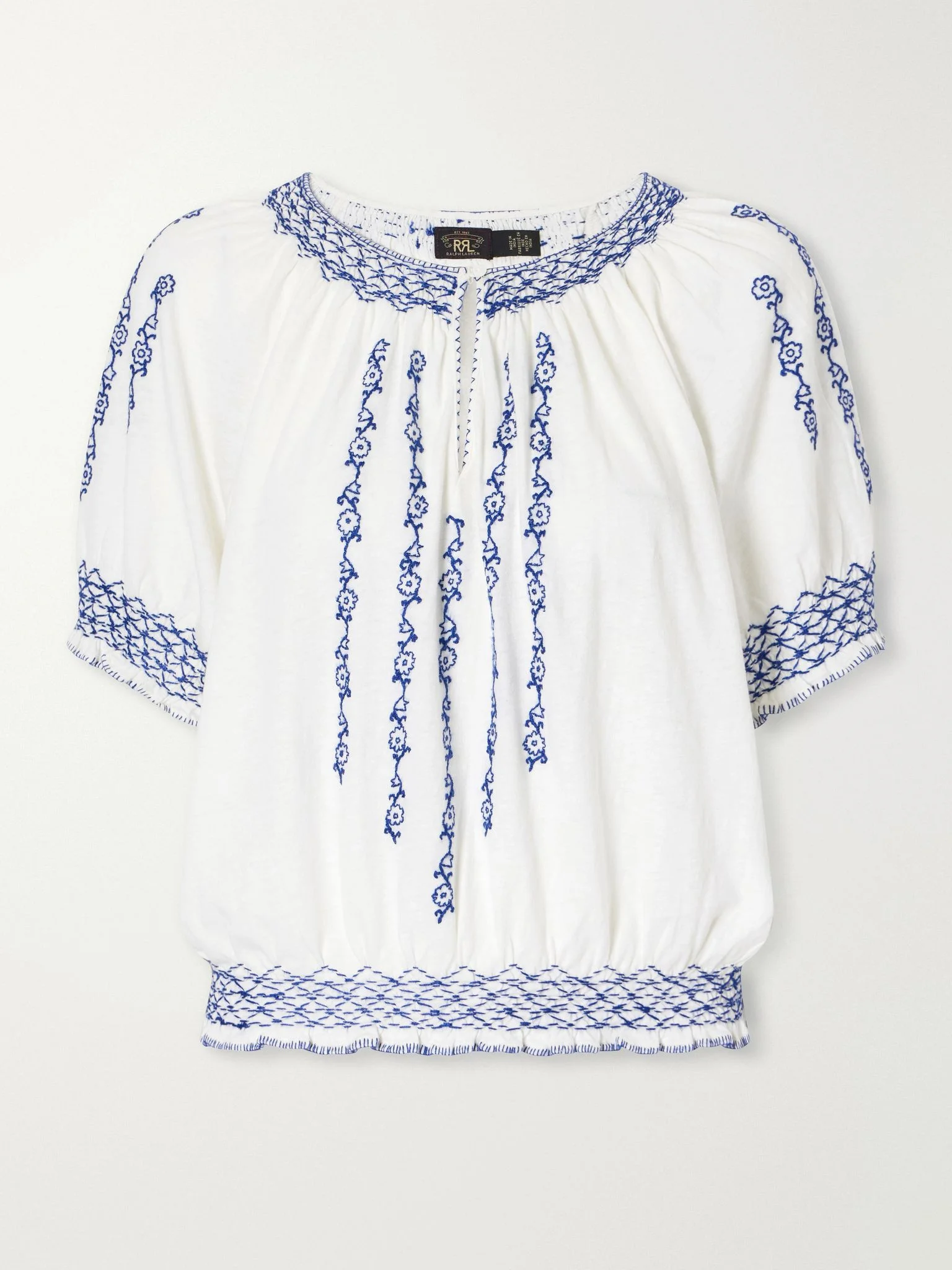 Shirred embroidered cotton and linen-blend woven blouse White - 1