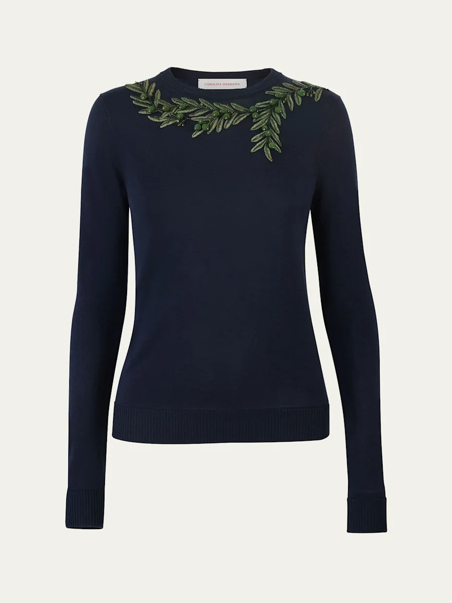 Olive Branch Embroidered Silk-Cotton Crewneck Sweater - 1