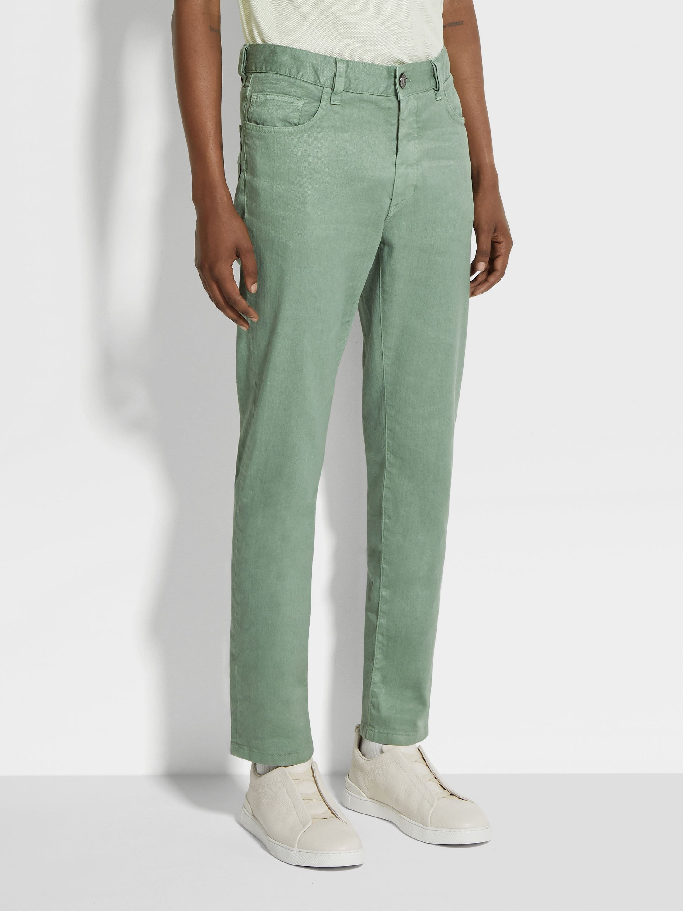 SAGE GREEN STRETCH LINEN AND COTTON ROCCIA JEANS - 4