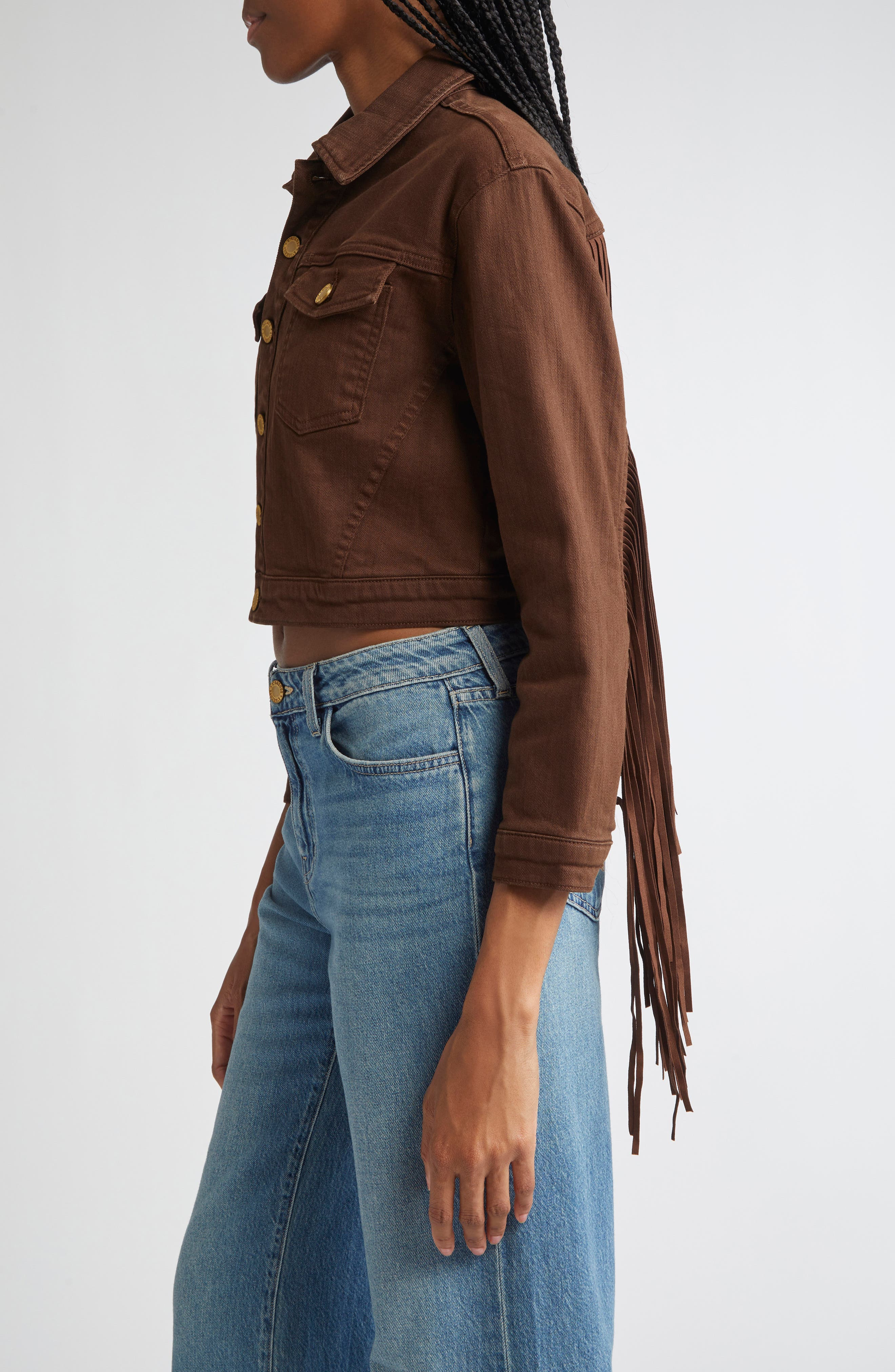 L'AGENCE Koda Fringe Crop Denim Jacket in Brown at Nordstrom - 4