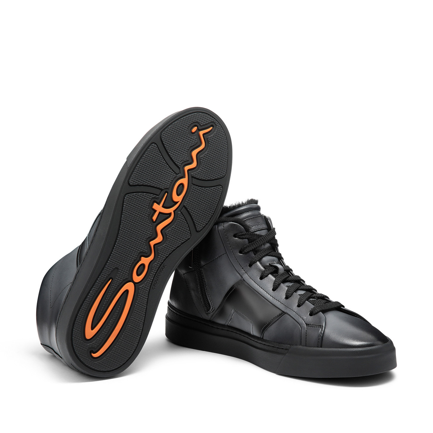 Men’s grey leather Double Buckle Sneaker with fur - 3
