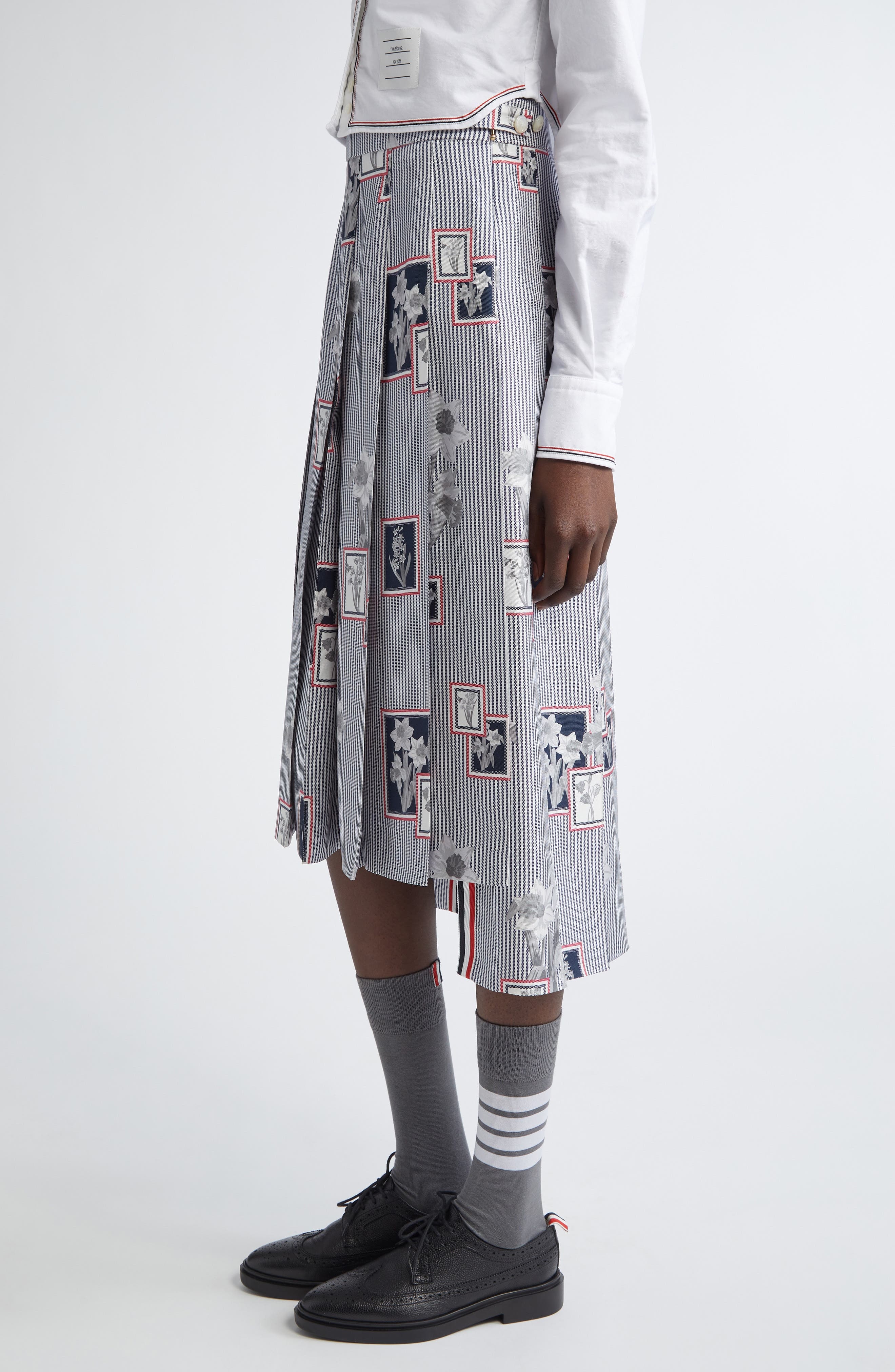 Thom Browne Classic Framed Floral Pleated Silk Skirt in Navy at Nordstrom - 4
