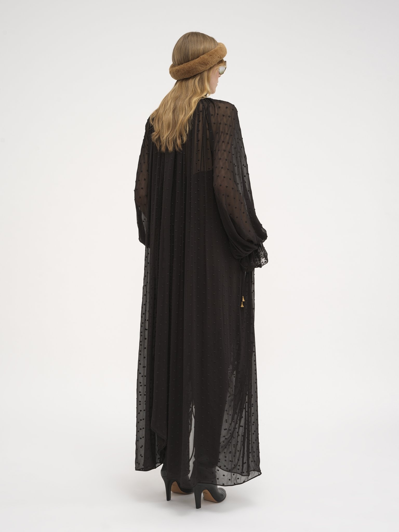 GATHERED LONG DRESS IN SILK GEORGETTE PLUMETIS - 5