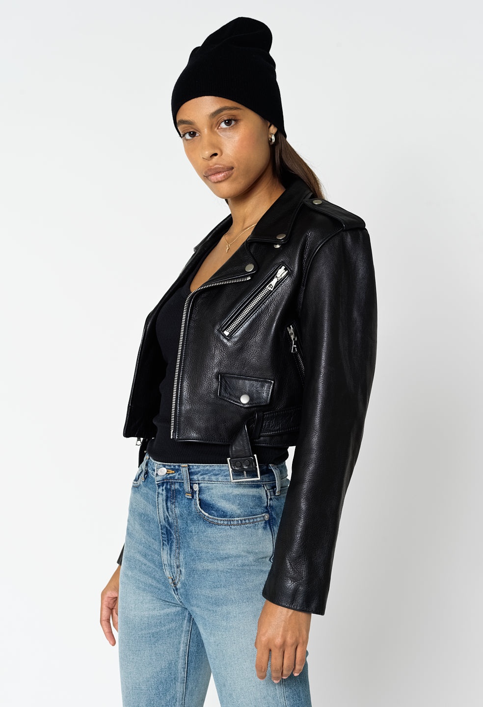 LEATHER CROPPED BIKER JACKET - 1