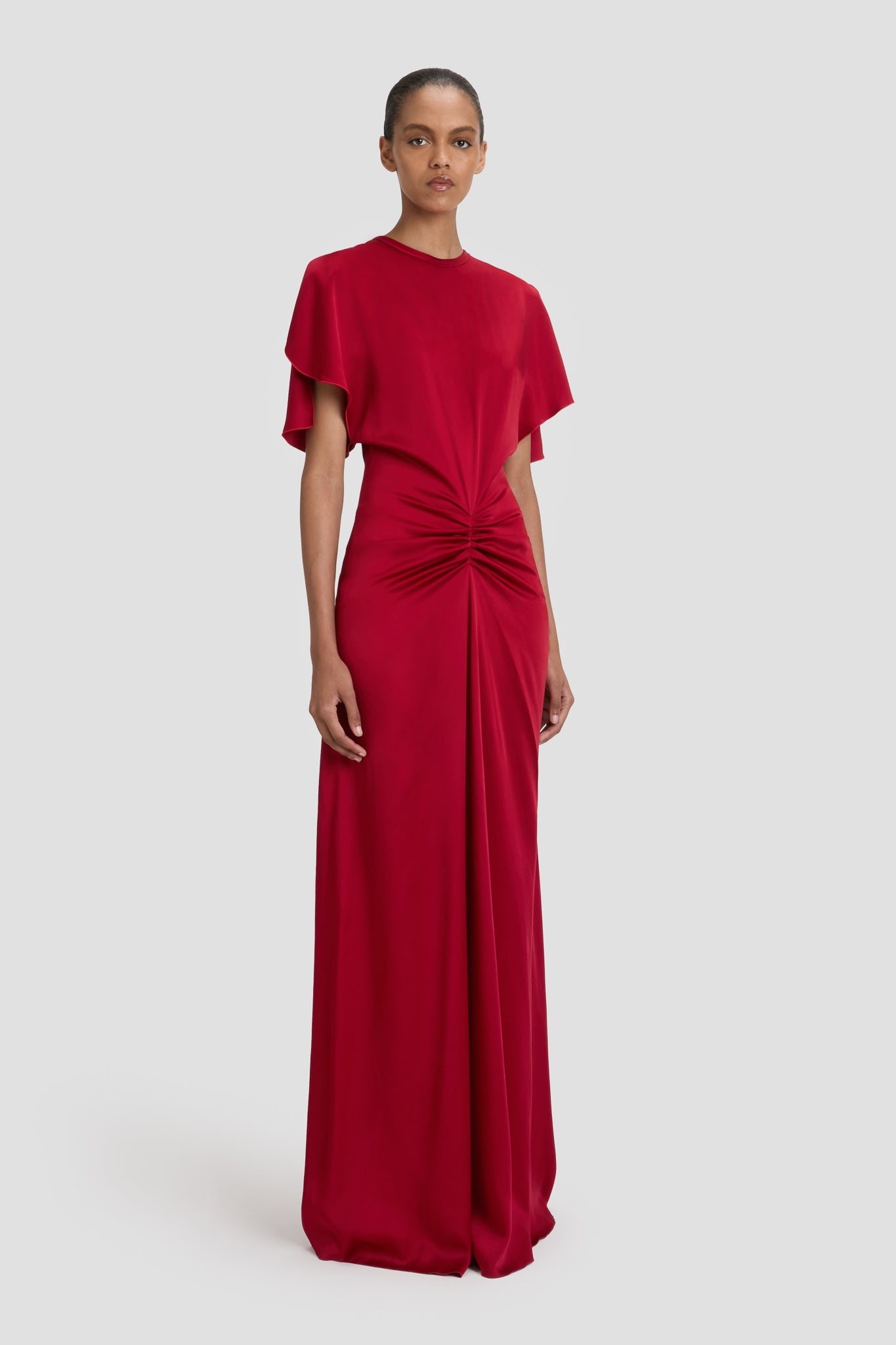 Gathered Waist Floor-Length Dress In Rose - 3
