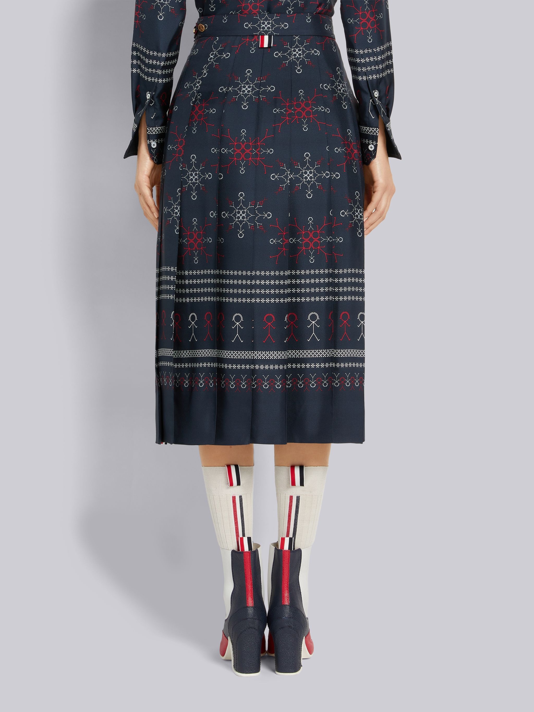 Multicolor Silk Twill Mrs. Thom Falling Snowflake Print Below-the-Knee Dropped Back Pleated Skirt - 3