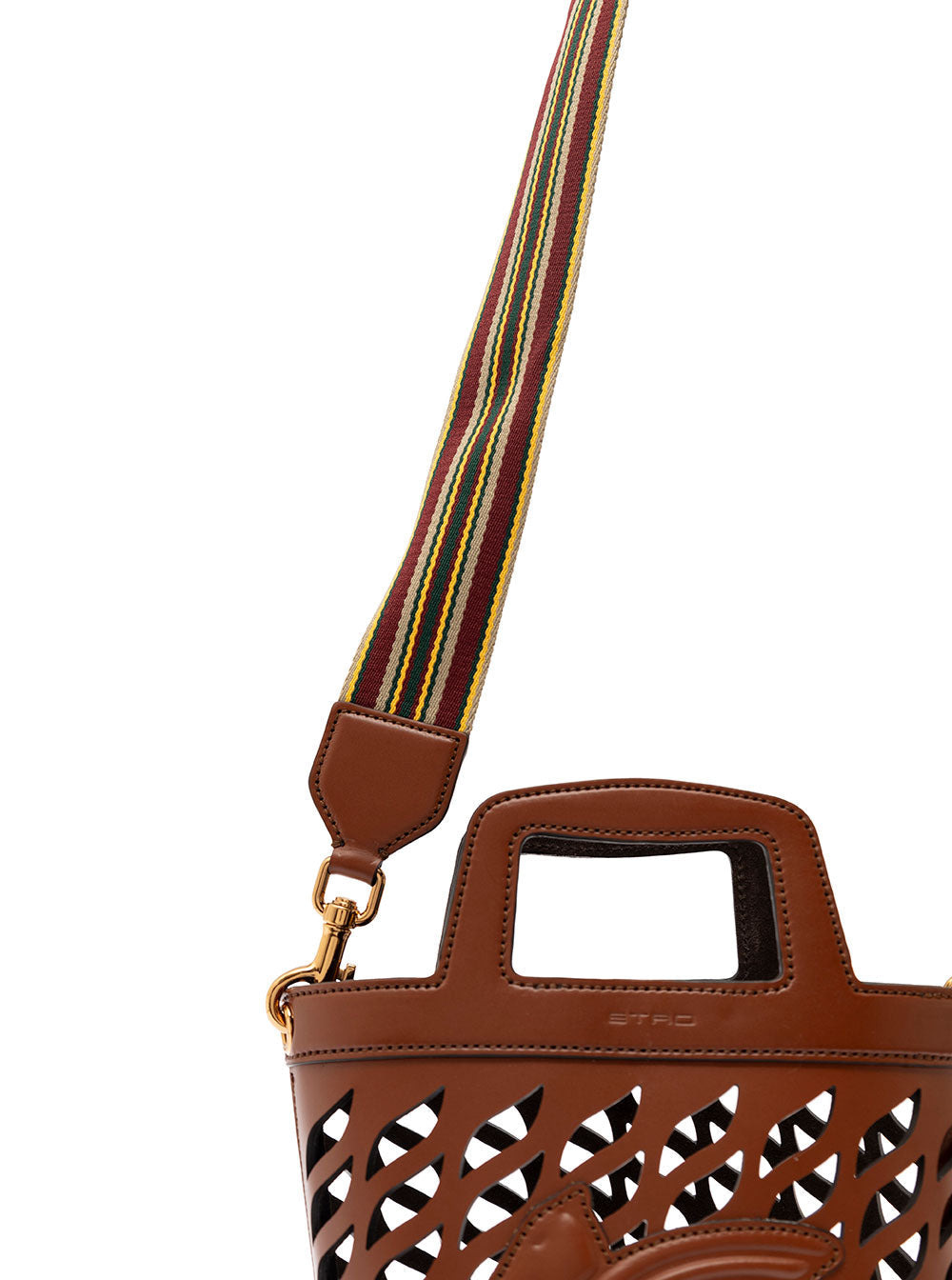 Etro Women Brown Bucket Bag With Multicolor Shoulder Strap And Pegasus Detail In Perforated Leather  - 3