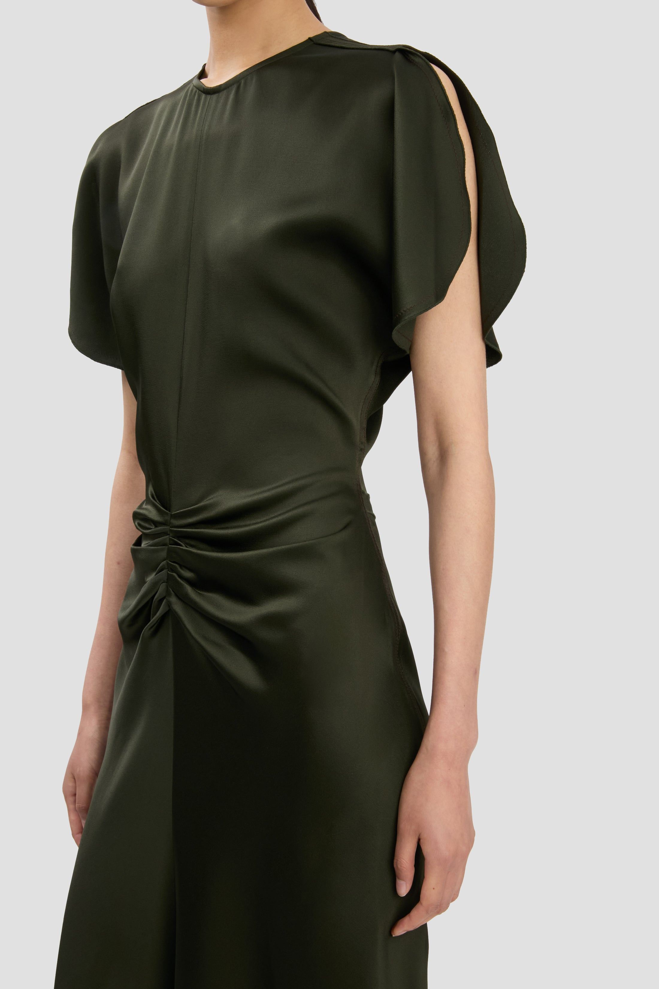 Gathered Waist Midi Dress In Dark Olive - 3