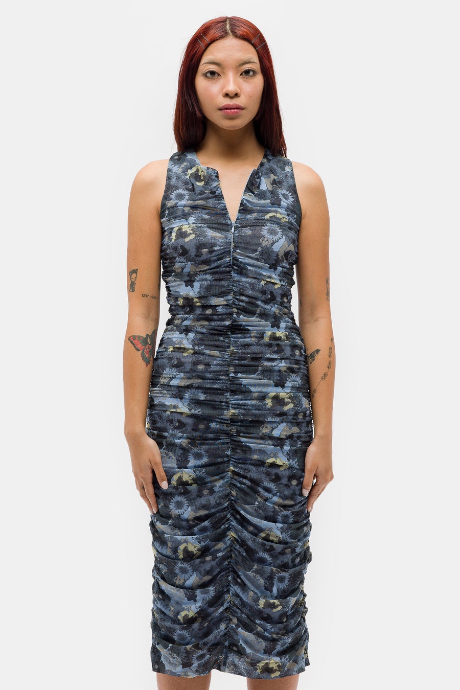 Printed Mesh Ruched Sleeveless Midi Dress in Brunnera Blue - 1