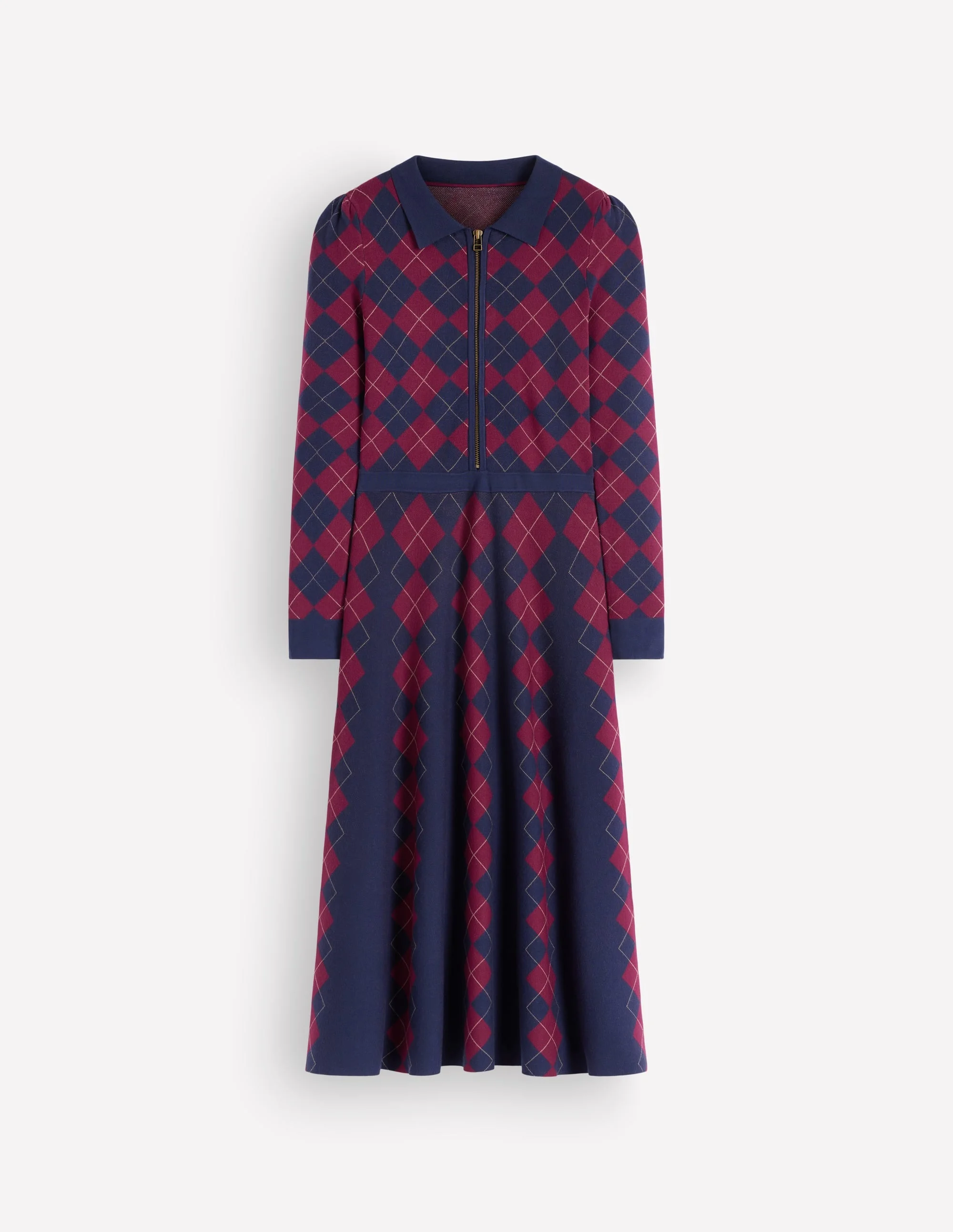Fiona Zip Front Knitted Dress-Navy and Maroon Argyle - 1