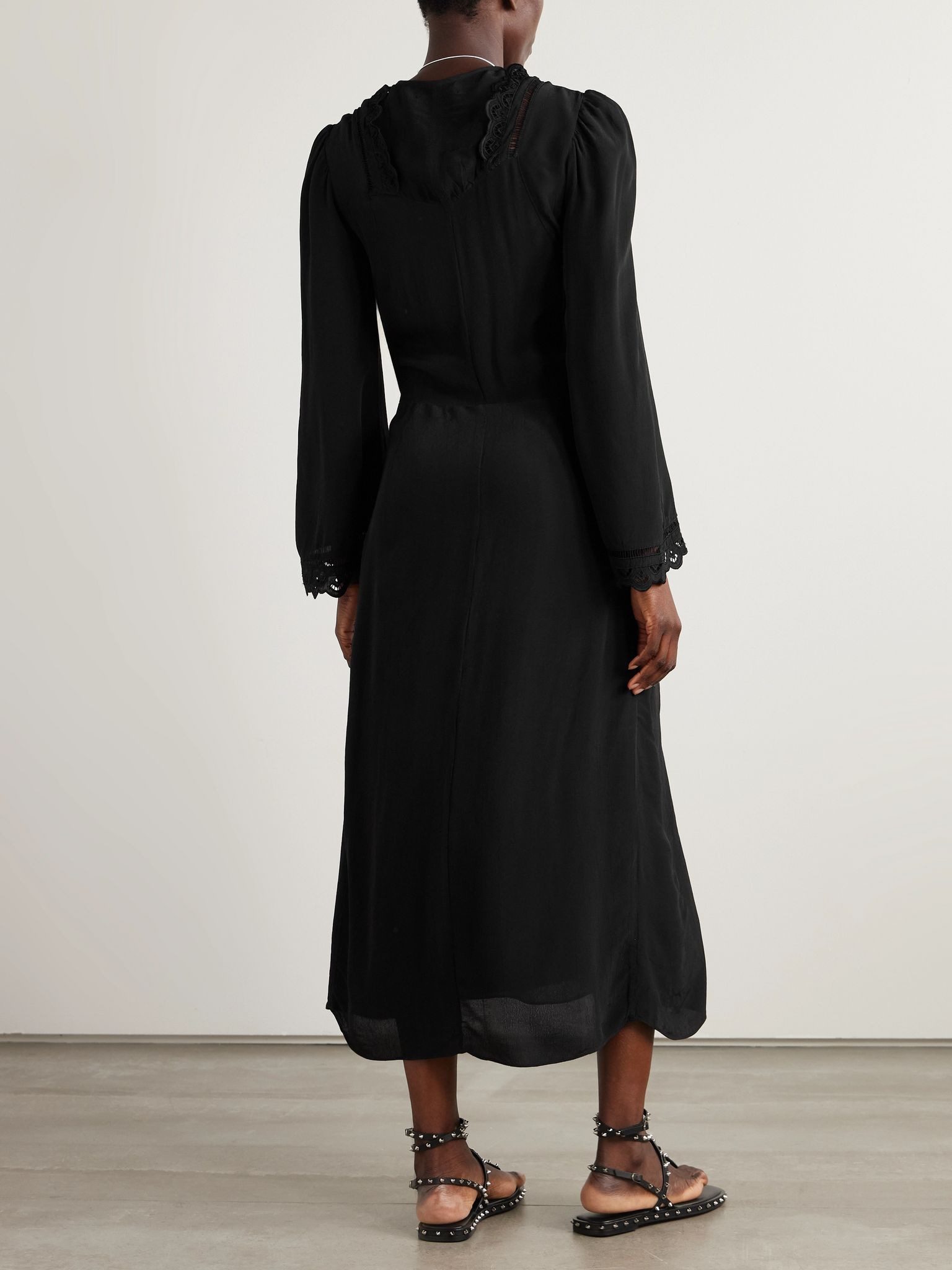Faustina broderie anglaise and pointelle-trimmed poplin midi dress Black - 3