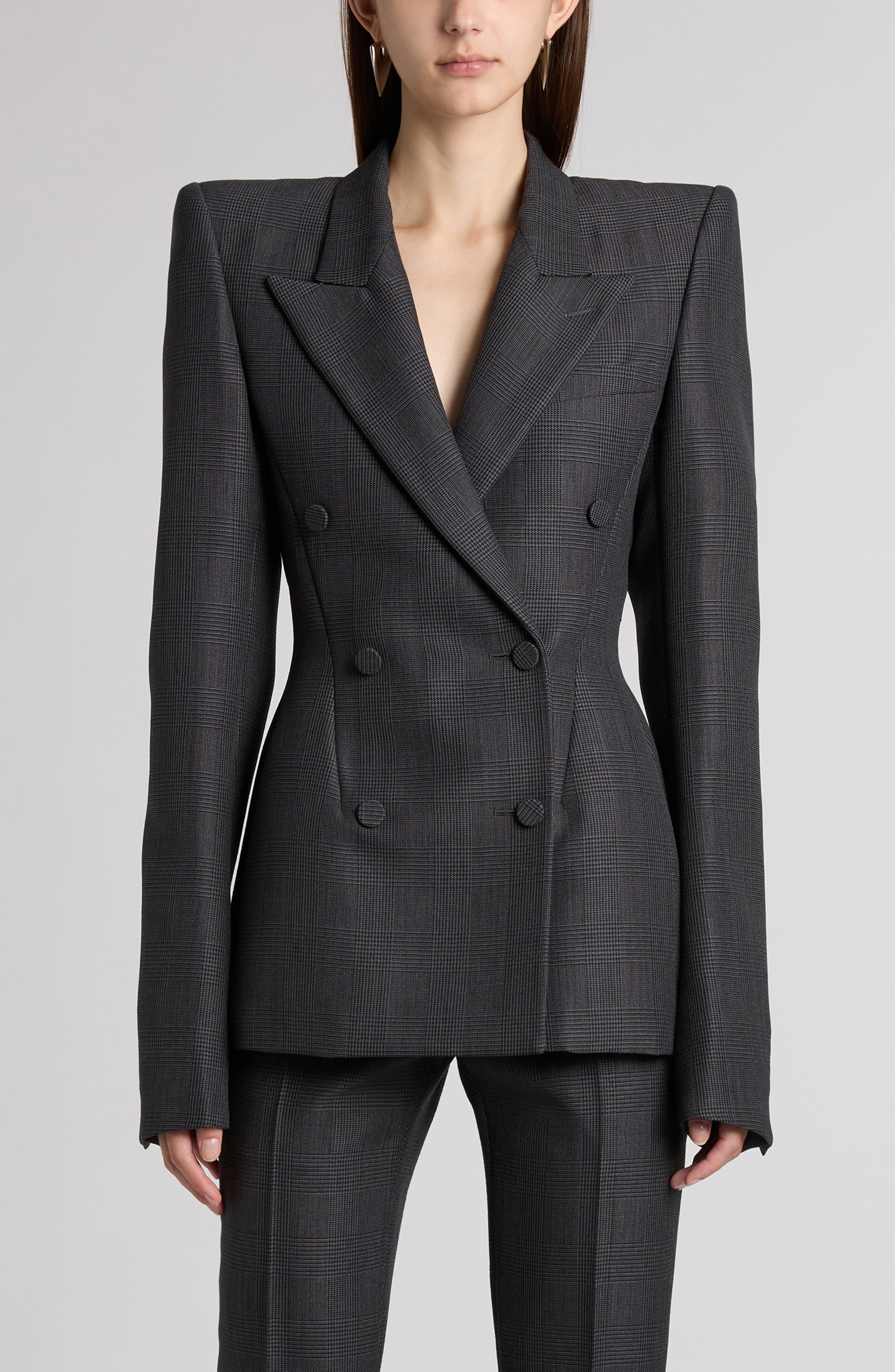 McQueen Glen Plaid Stacked Shoulder Wool & Mohair Blazer in Black - 1