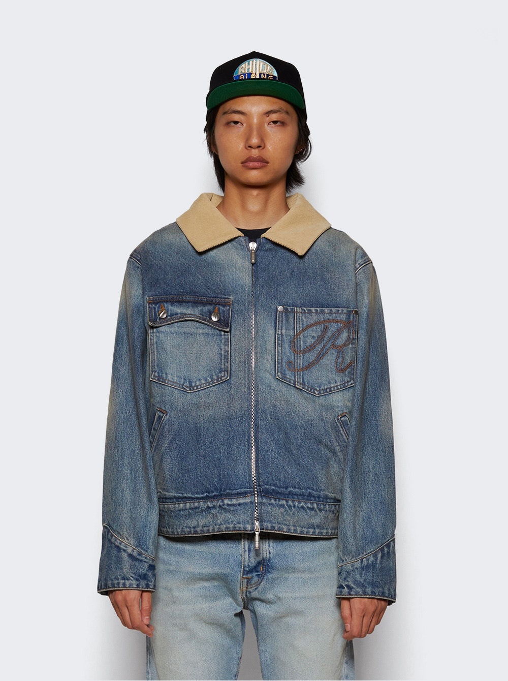 Western Zip Up Denim Jacket Indigo And Tan - 3