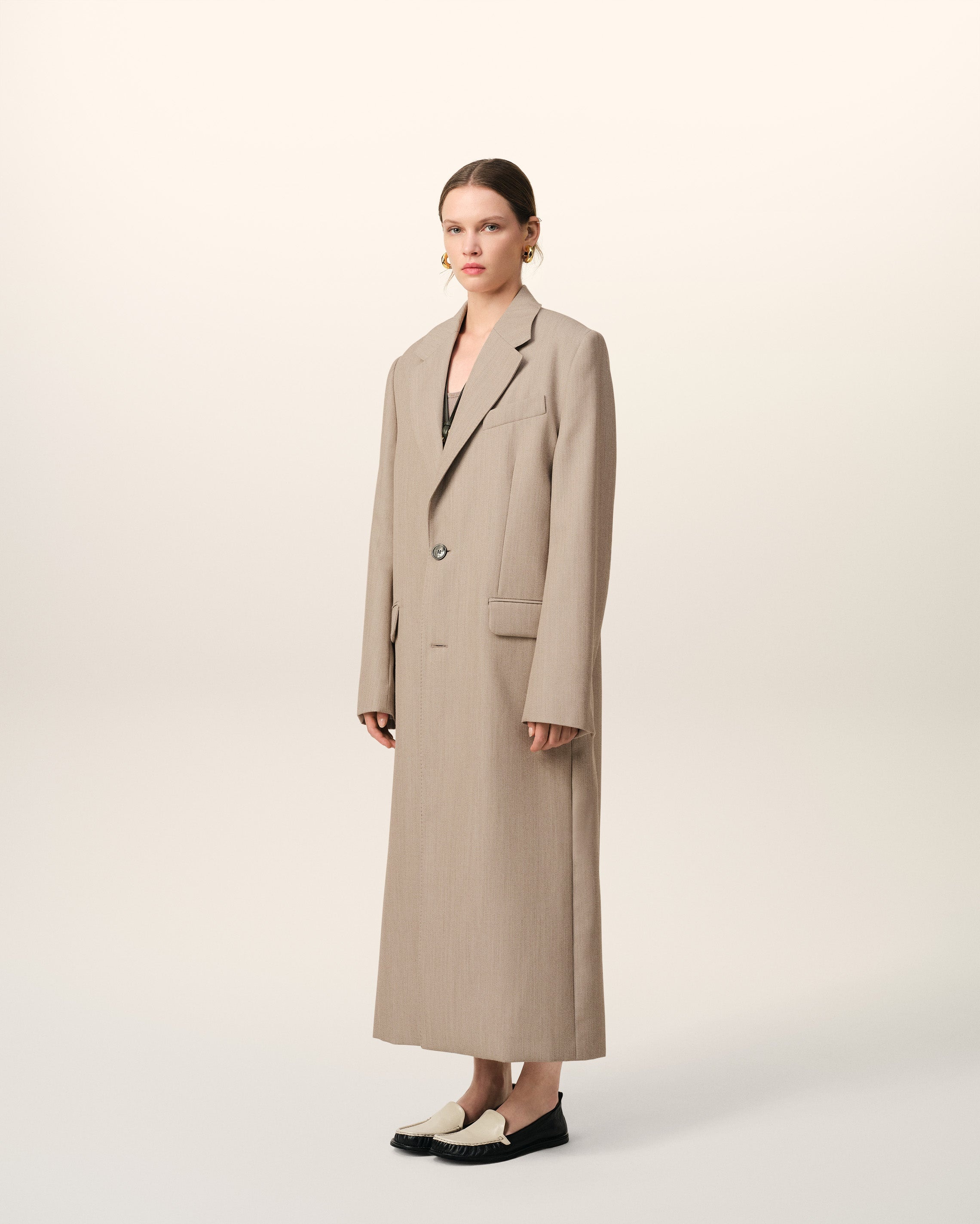 BEIGE WOOL BACK SLIT LONG COAT - 6