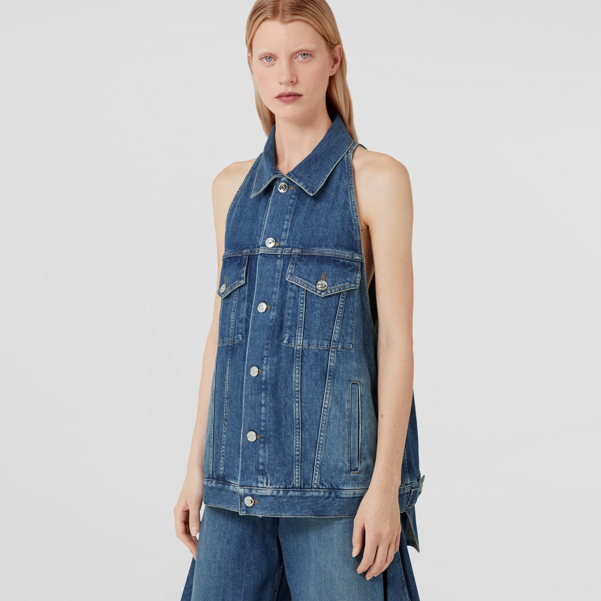 Sleeveless Stonewashed Denim Jacket - 4