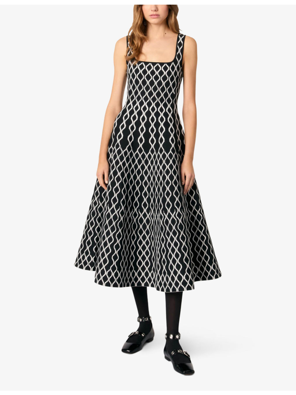 Grid-pattern square-neck knitted midi dress - 2