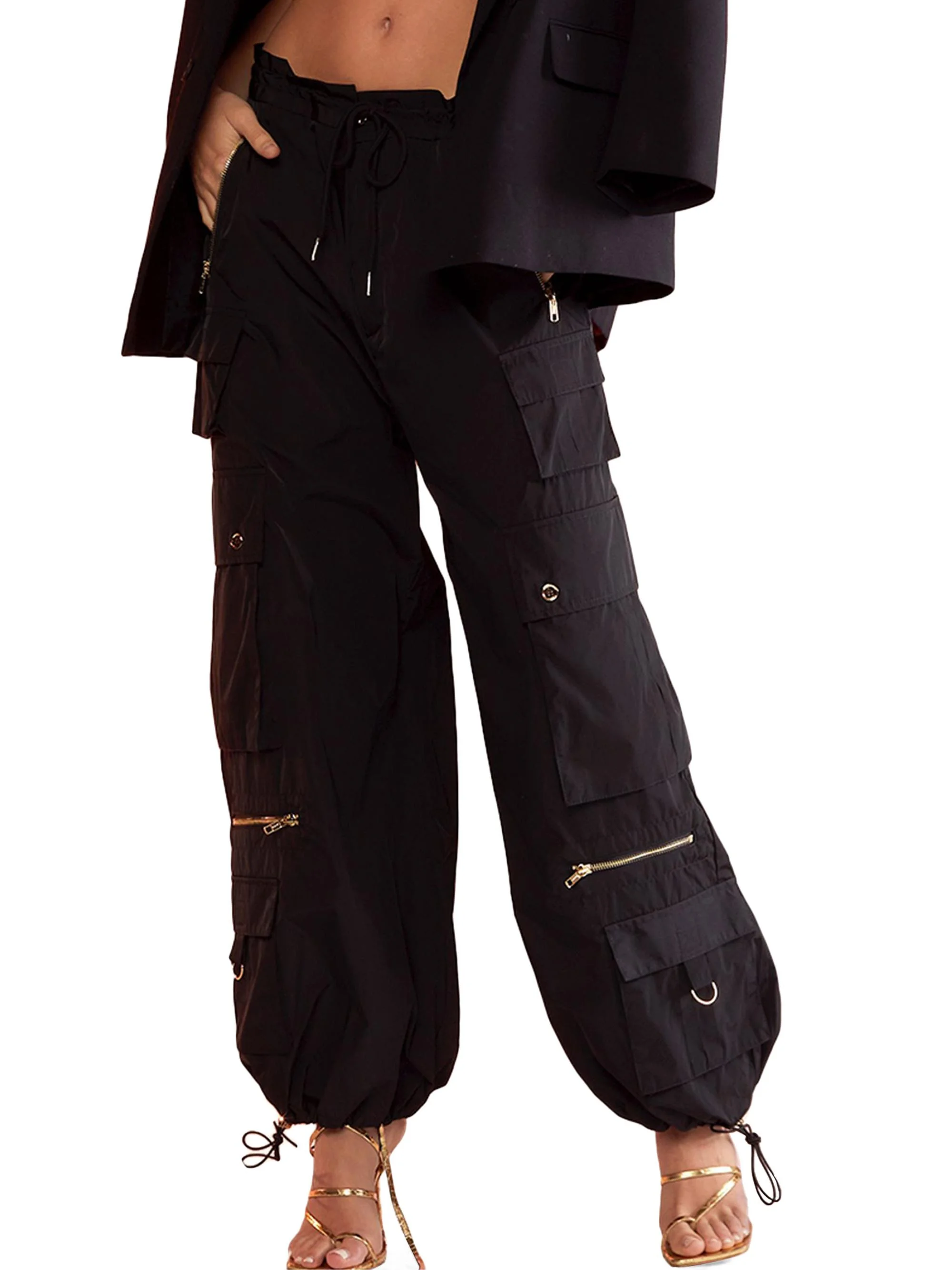 Women's Relaxed Nylon Cargo Pants - Black - 1