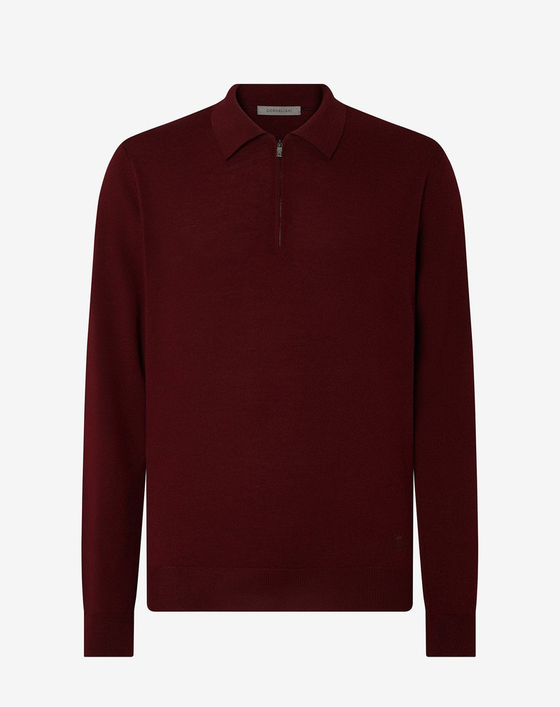 Burgundy zip-up extra fine wool polo shirt 1
