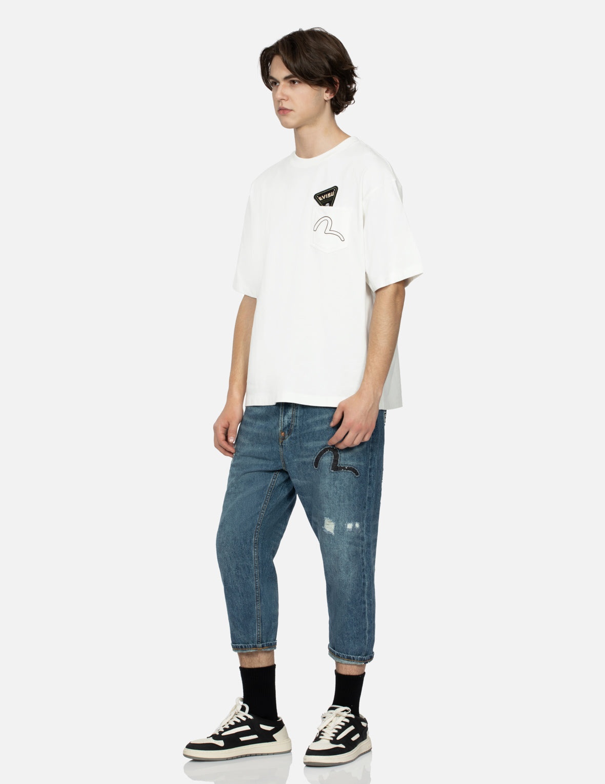 Washed and Distressed Seagull Patchwork and Logo Embroidery Cropped Jeans #2027 - 3