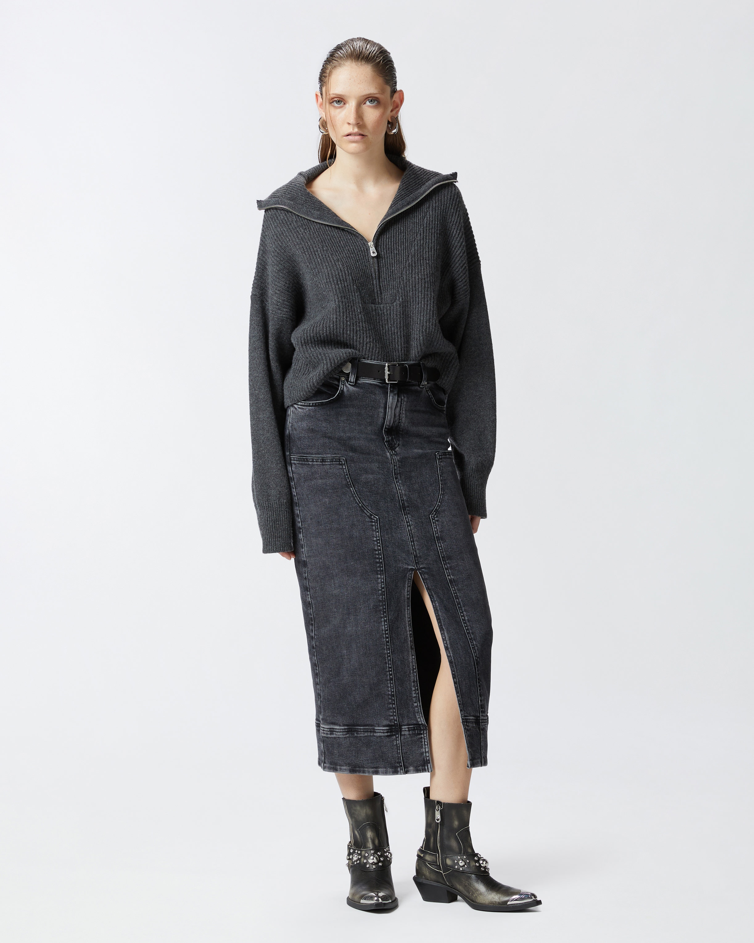 DARK GREY DENIM MAXI SKIRT - 2