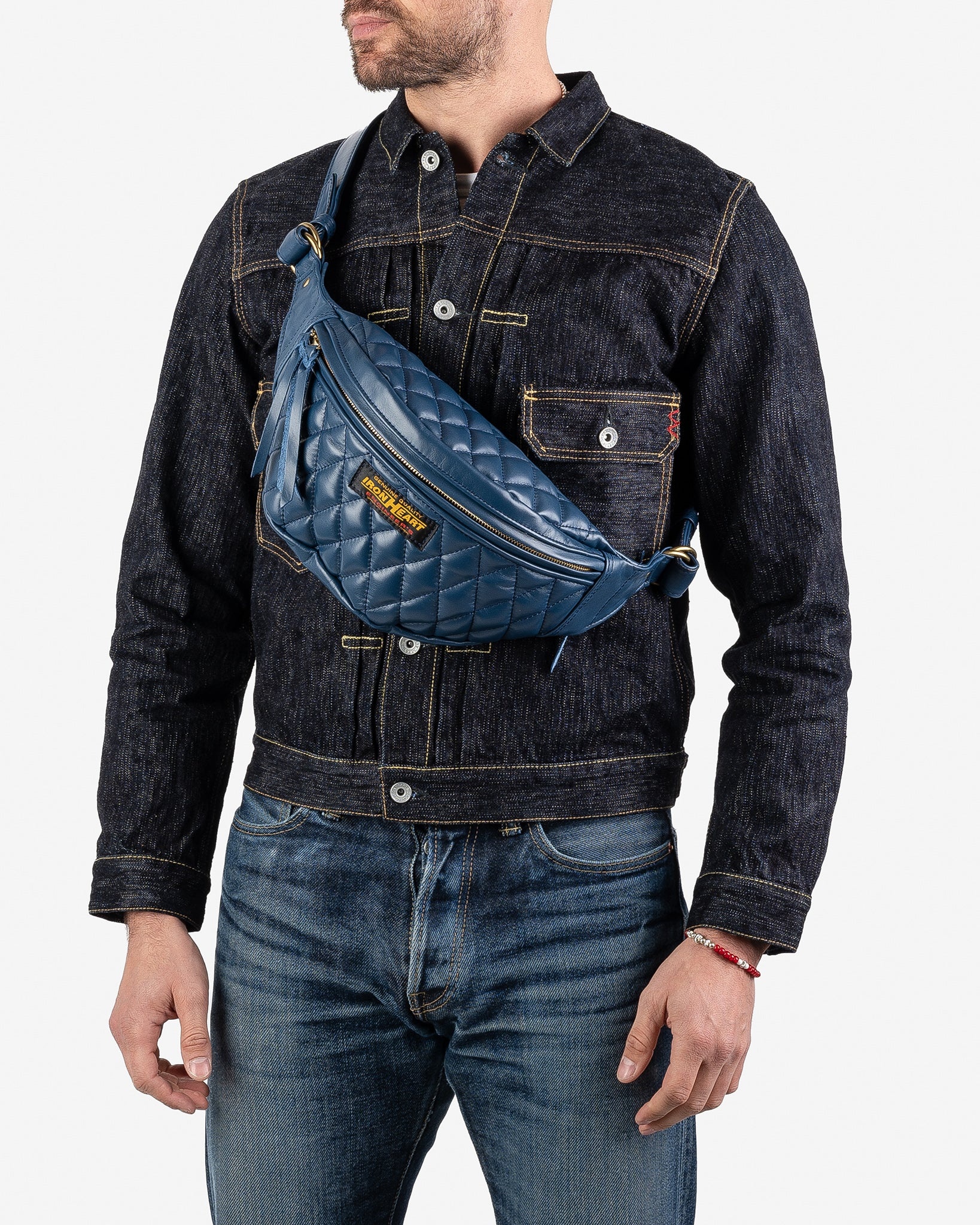 IHE-45-NAV Diamond Stitched Leather Waist Bag - Navy - 3