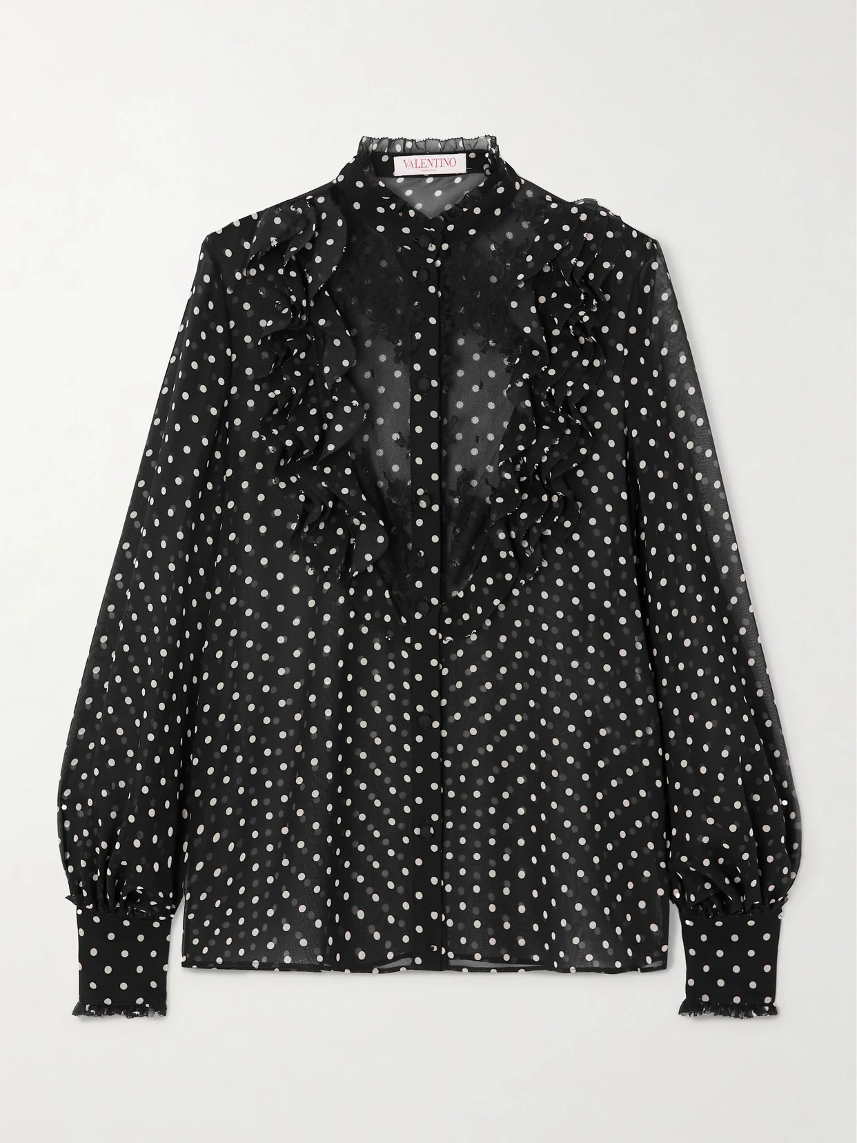 Ruffled Lace-trimmed Polka-dot Silk-chiffon Shirt - 1