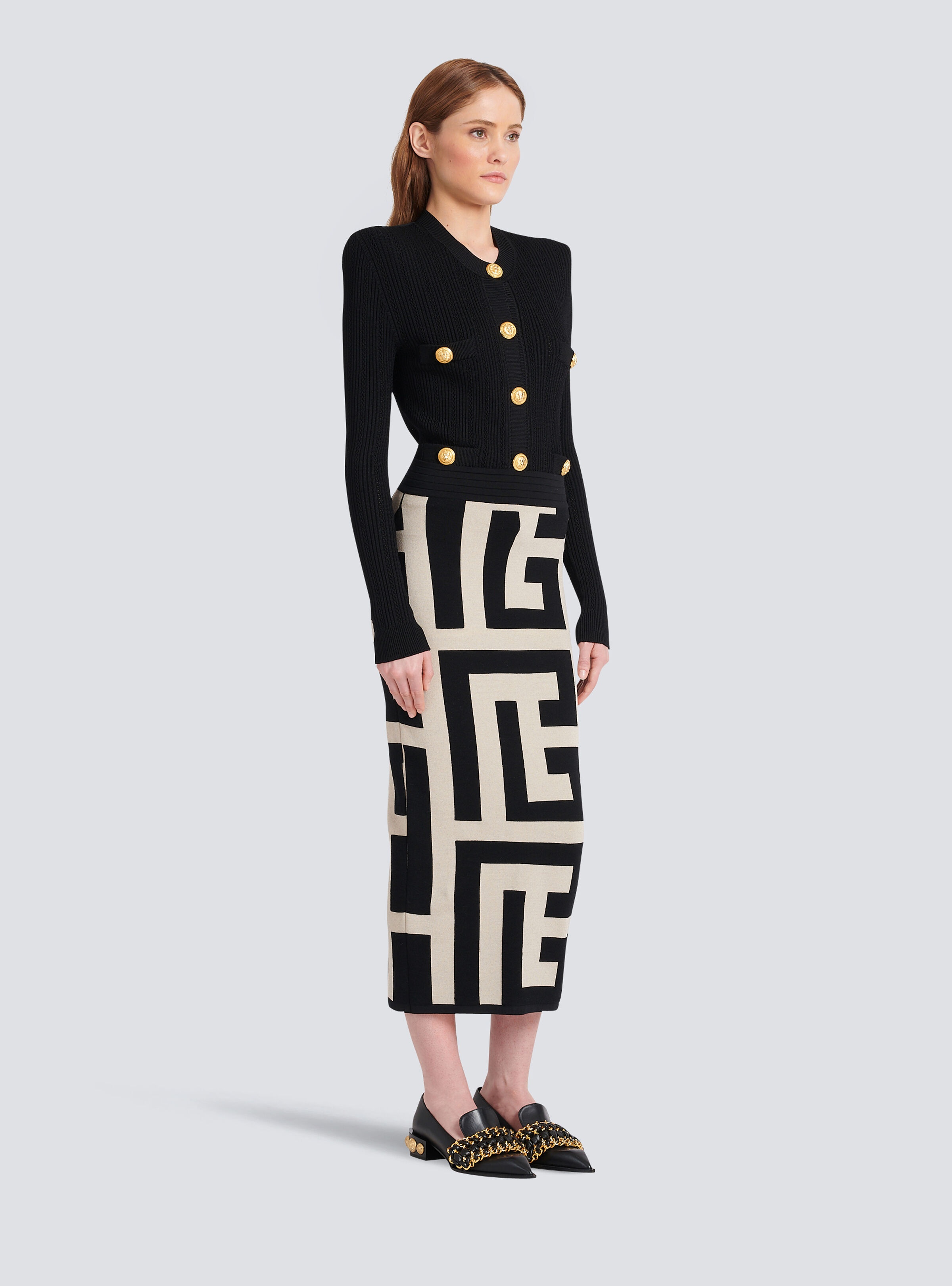 Mid-length knit skirt with maxi Balmain monogram print - 5