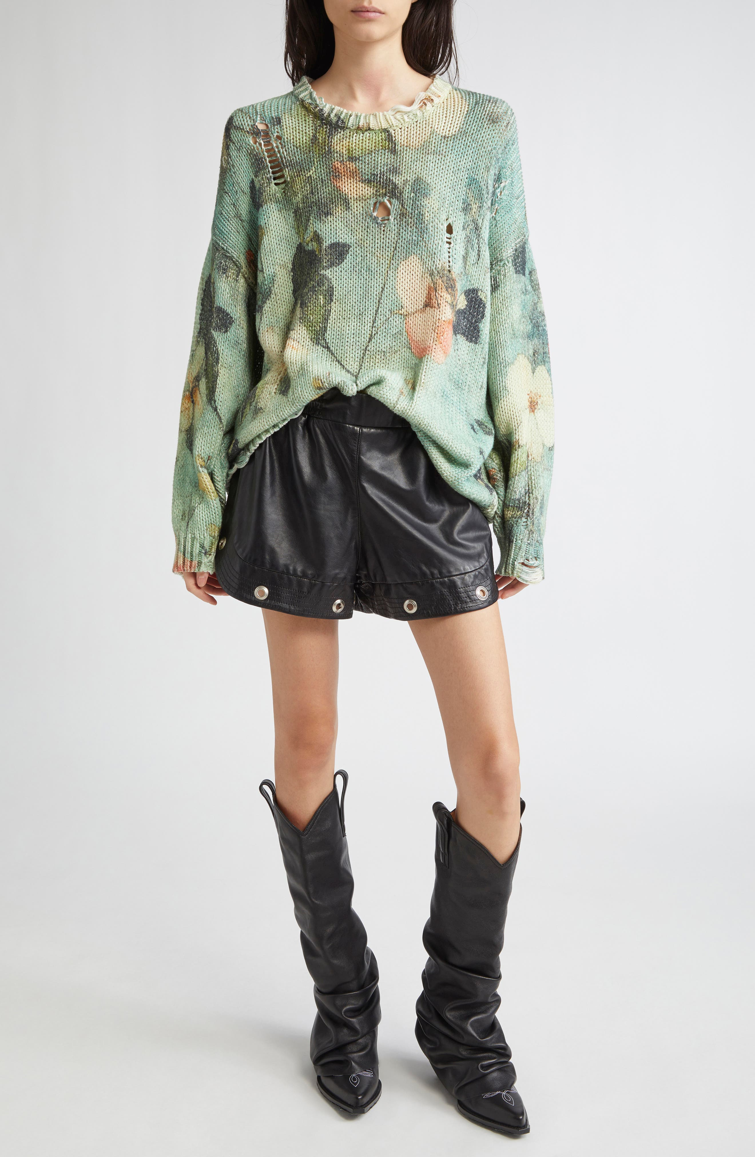 R13 Ripped Floral Oversize Cotton Sweater in Turquoise Floral at Nordstrom - 2