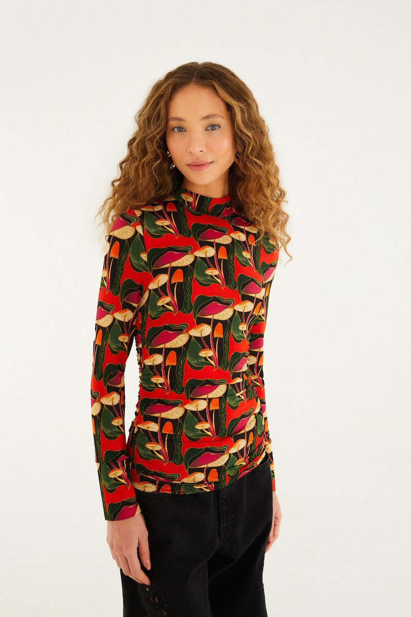Black Wild Mushrooms Ruched Waist Jersey Blouse 1