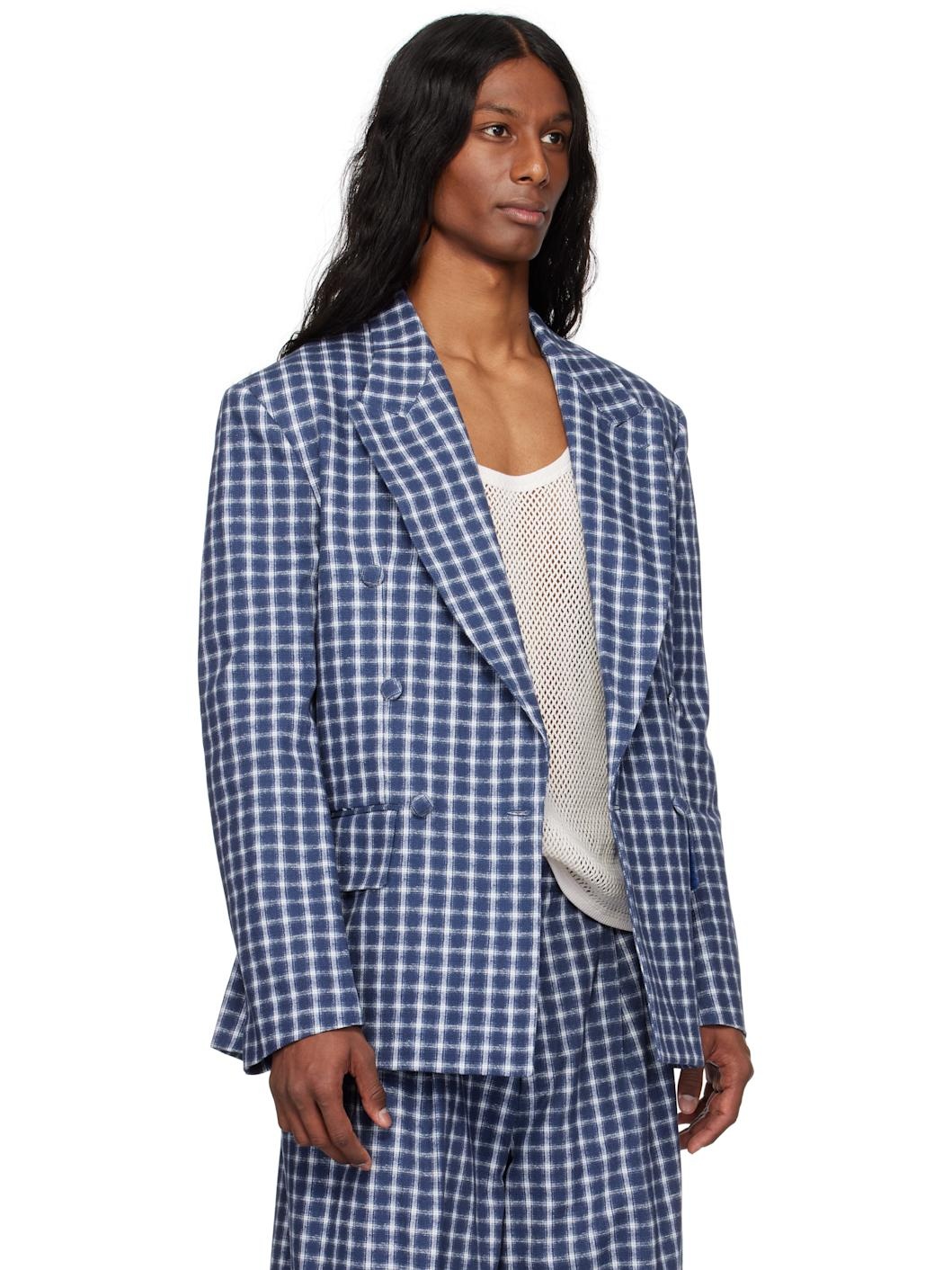Navy & White Check Double-Breasted Blazer - 2