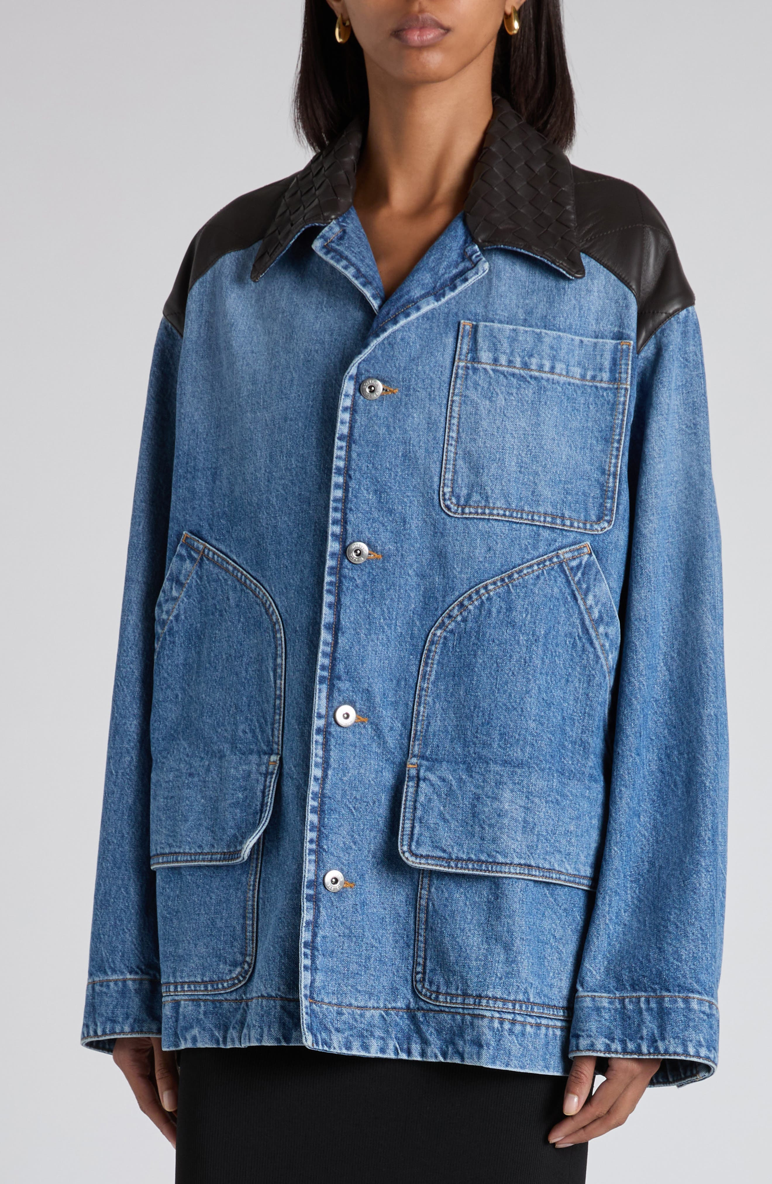 Bottega Veneta Intrecciato Collar Oversize Indigo Denim Jacket in Mid Blue at Nordstrom - 5