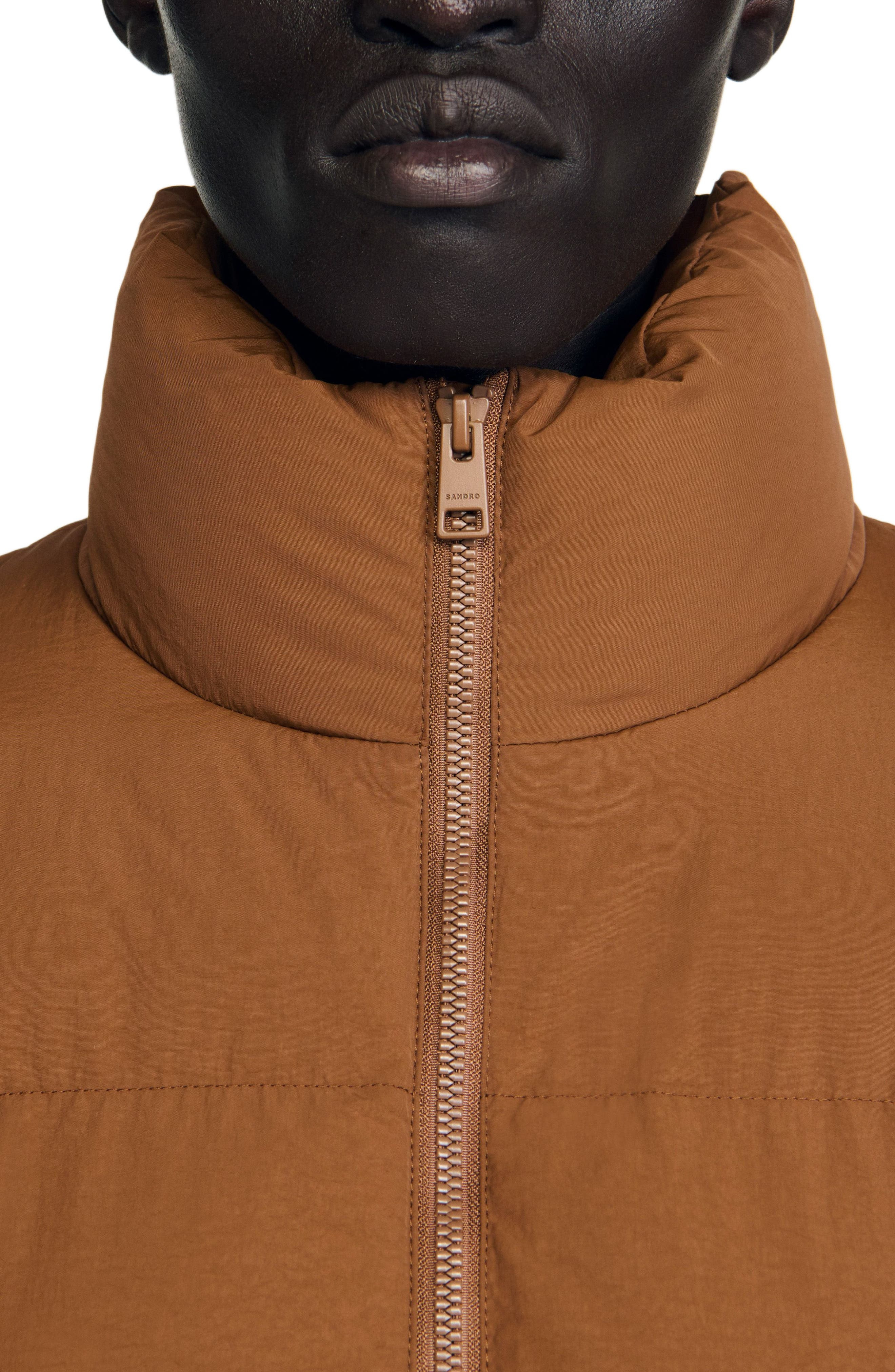 SANDRO Hooded puffer with high collar in Cognac at Nordstrom - 4