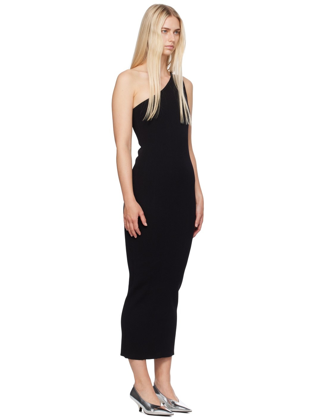 Black One-Shoulder Ribbed Maxi Dress - 2