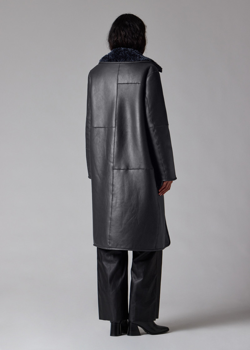 Women's Navy Reversible Leather and Shearling Coat 21