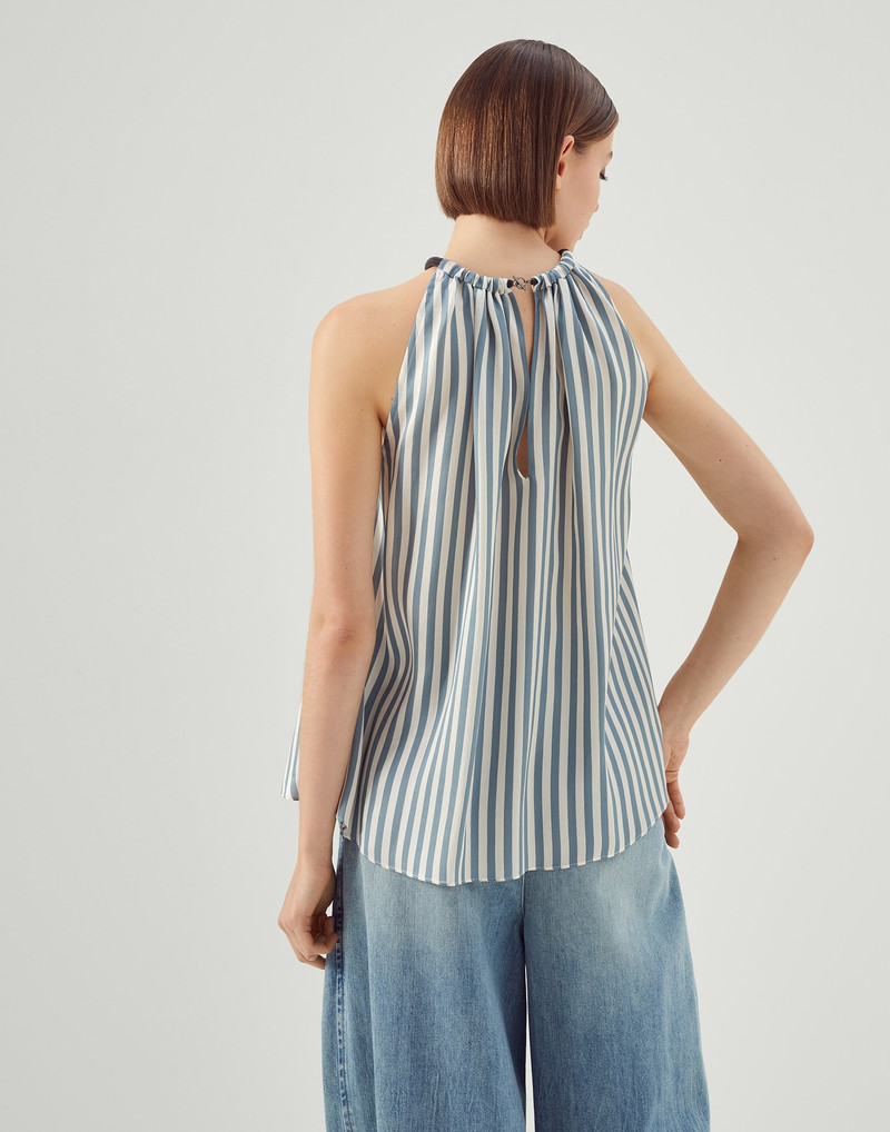 Viscose and silk striped twill top with shiny halterneck 2