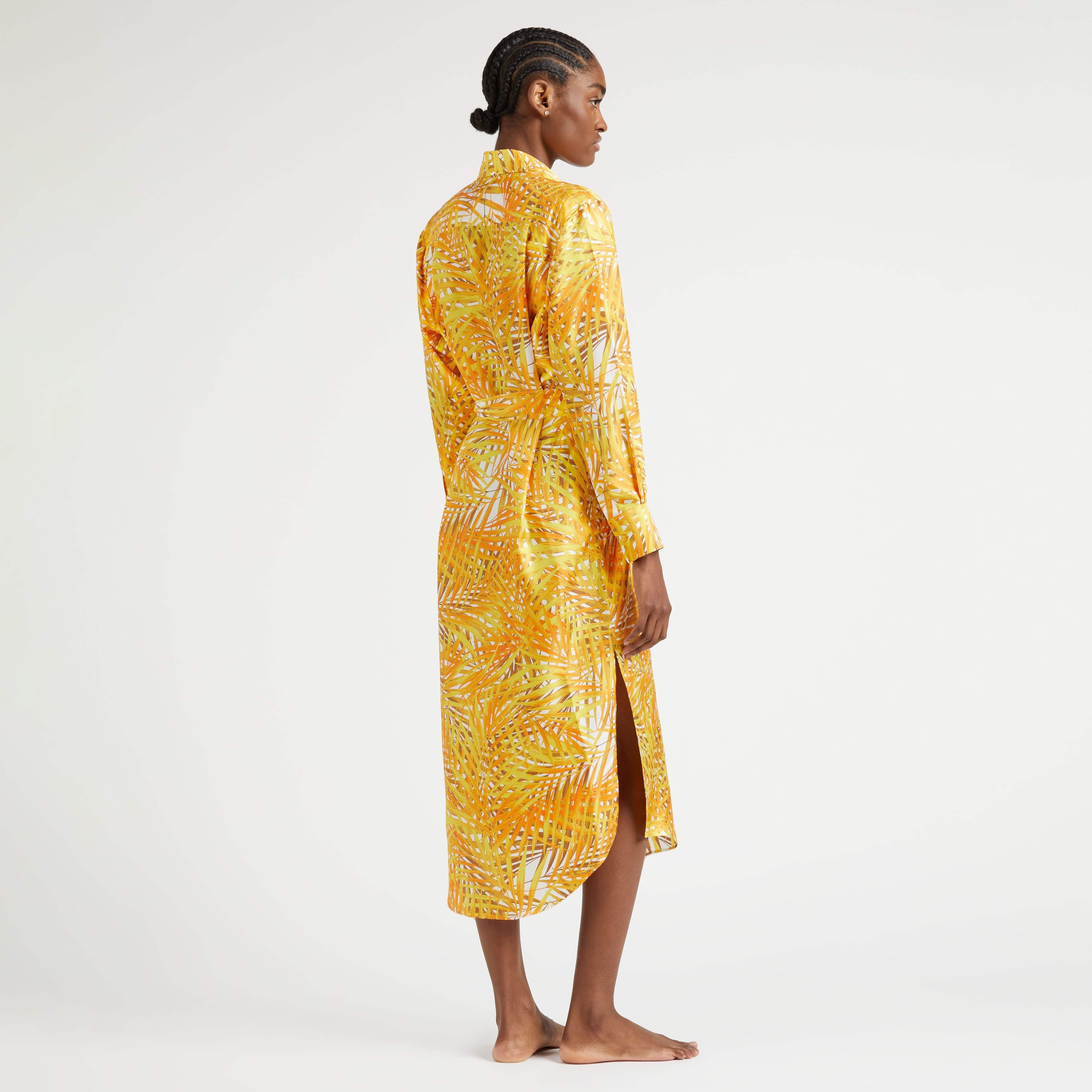 Women Silk Shirt Dress Palm Leaves - 4