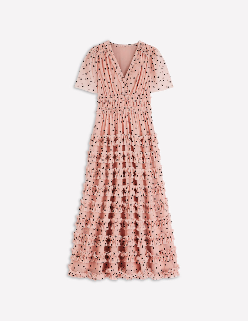 V-Neck Ruffle Tulle Dress-Ivory Black Spot 1